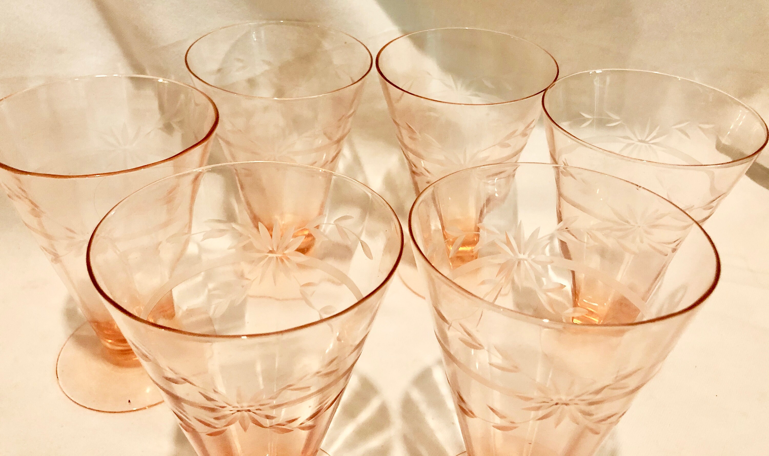 Vintage Blush Pink Depression Glass Etched Parfait Glasses Set of Six