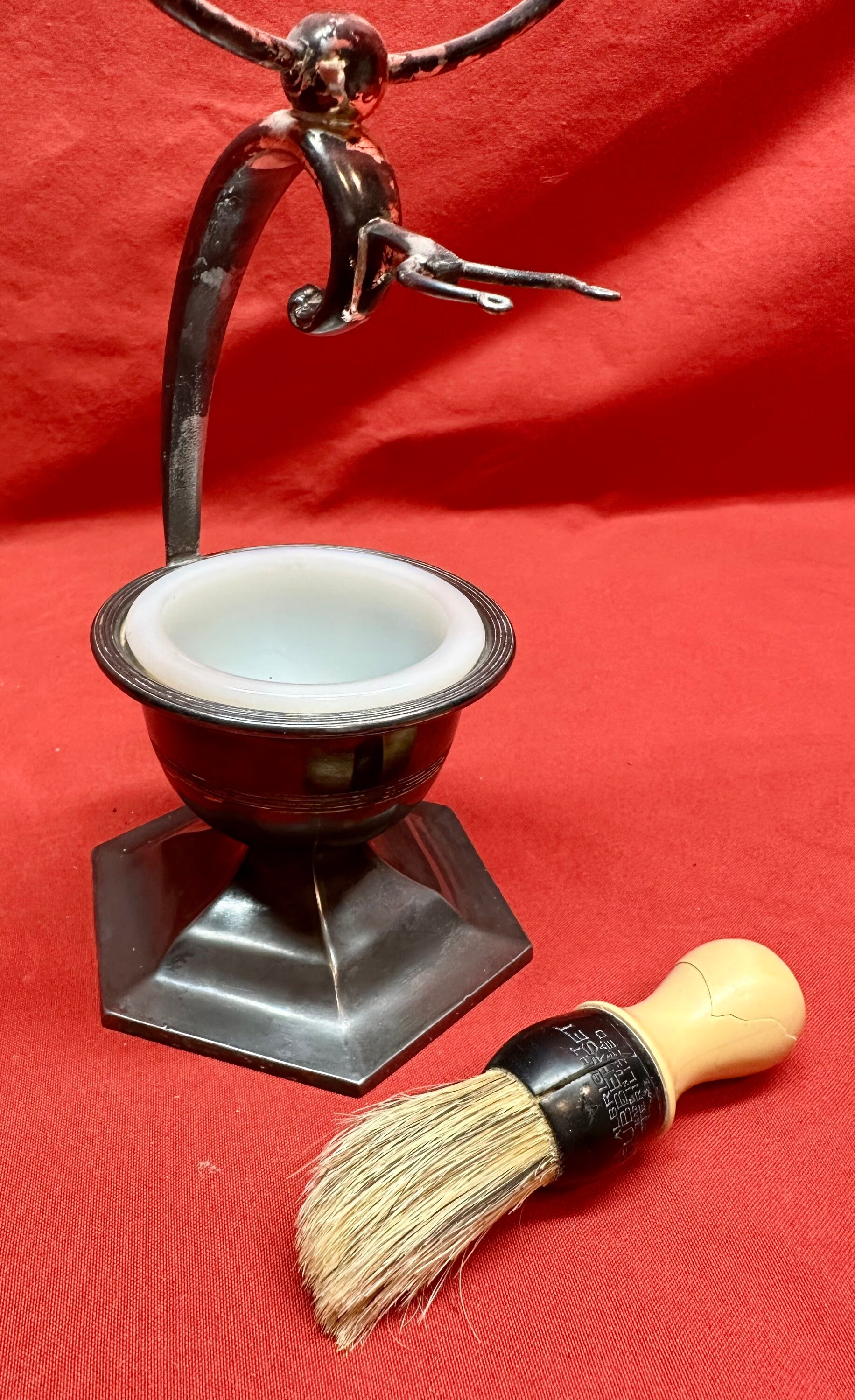 Vintage Silver Plate Men’s Shaving Mirror Set/Swivel Mirror/Brush/White Milk Glass Cup,Wm