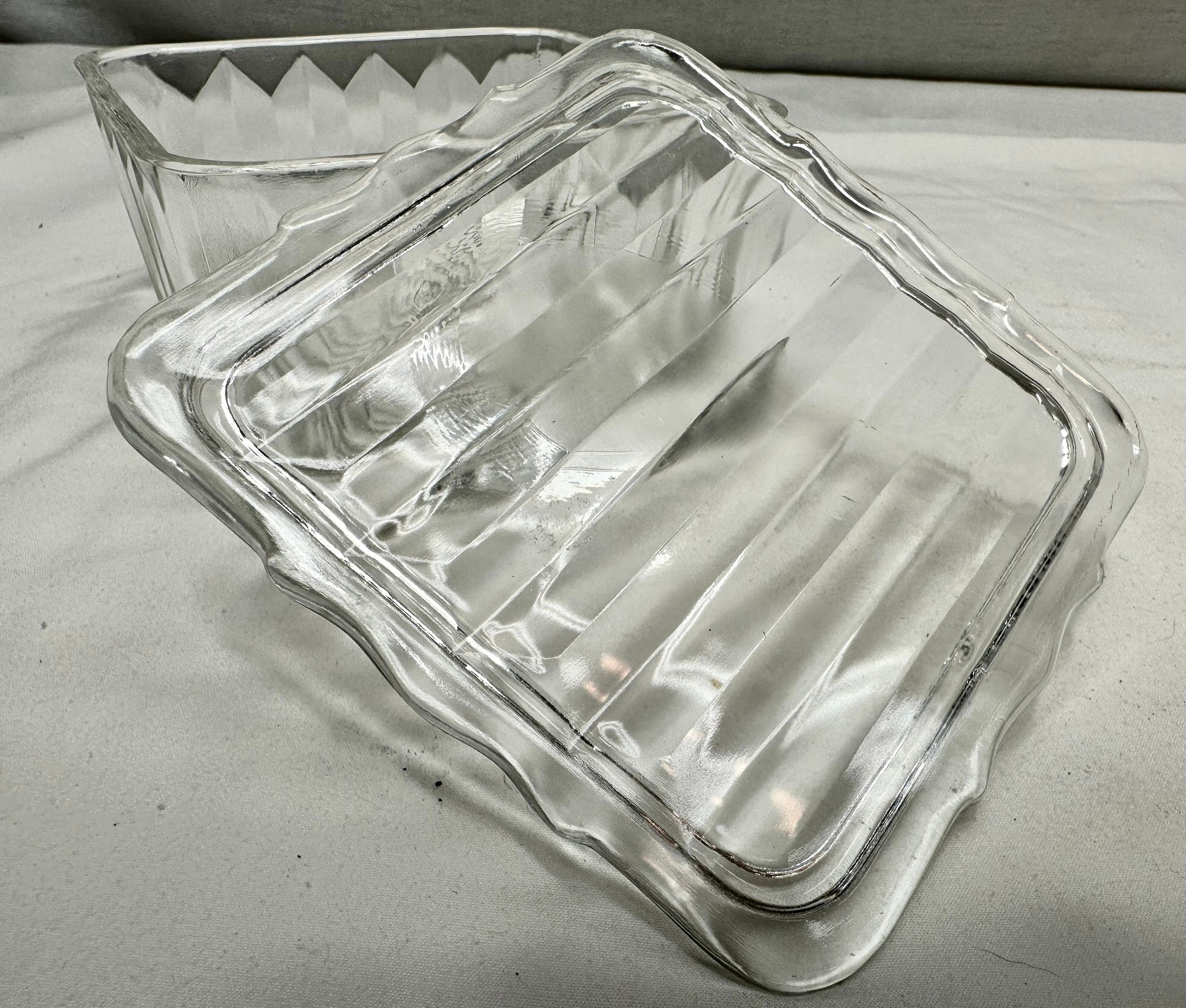 Vintage Square Clear Ribbed Glass Refrigerator Container with Lid