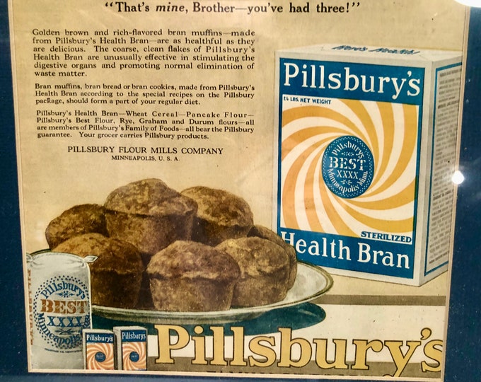 Vintage Pillsbury Health Bran Framed/Matted Magazine Advertisement, Circa 1920's