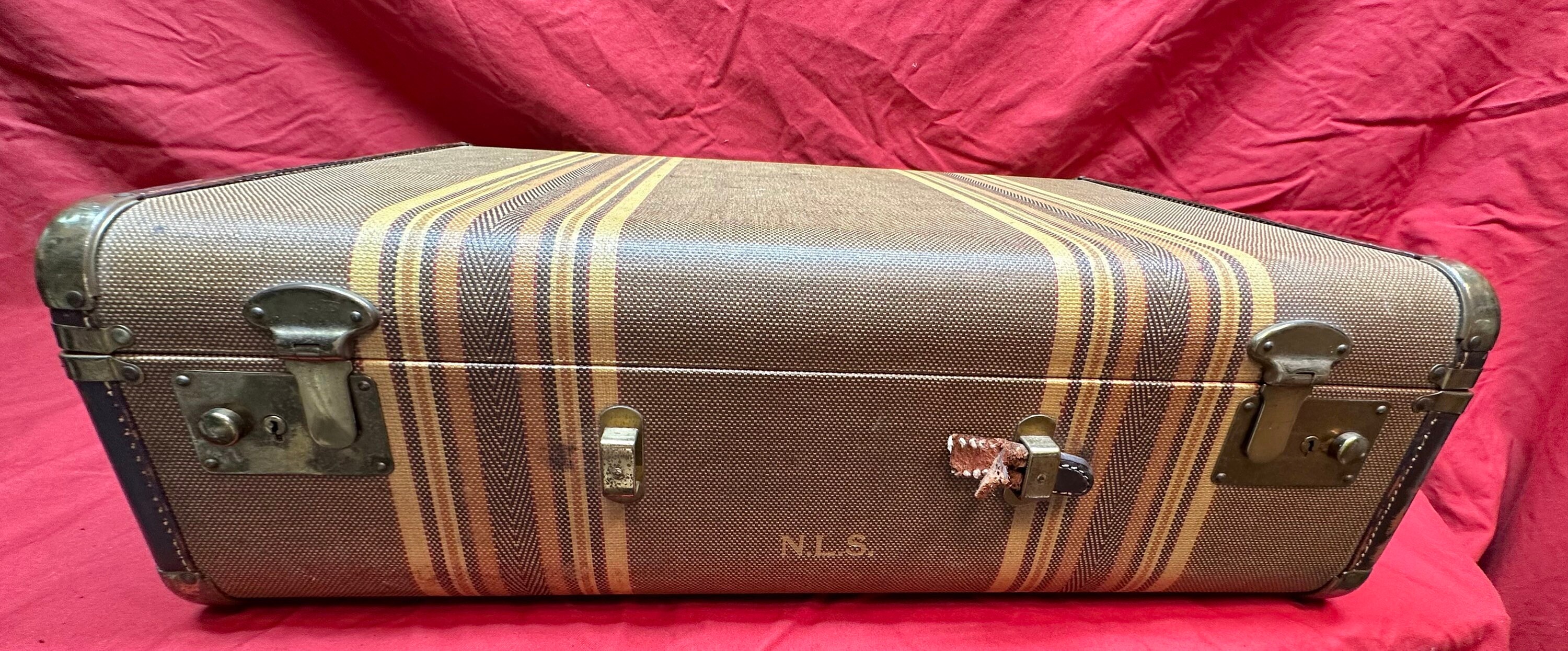 Vintage Hardcover SuitcaseBrown and Tan Tweed Striped Pattern,Brass