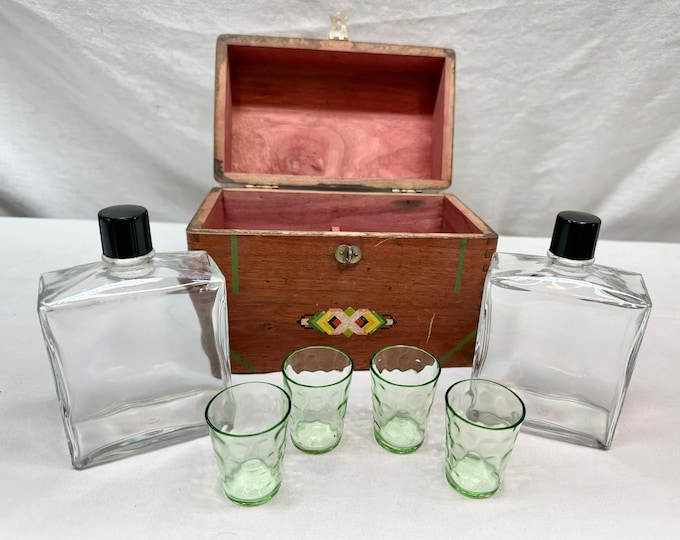 Vintage Clear Glass Travel Flasks-Two with Four Clear Green Glass Shot Glasses in Wooden Dovetailed Carrying Case/Box