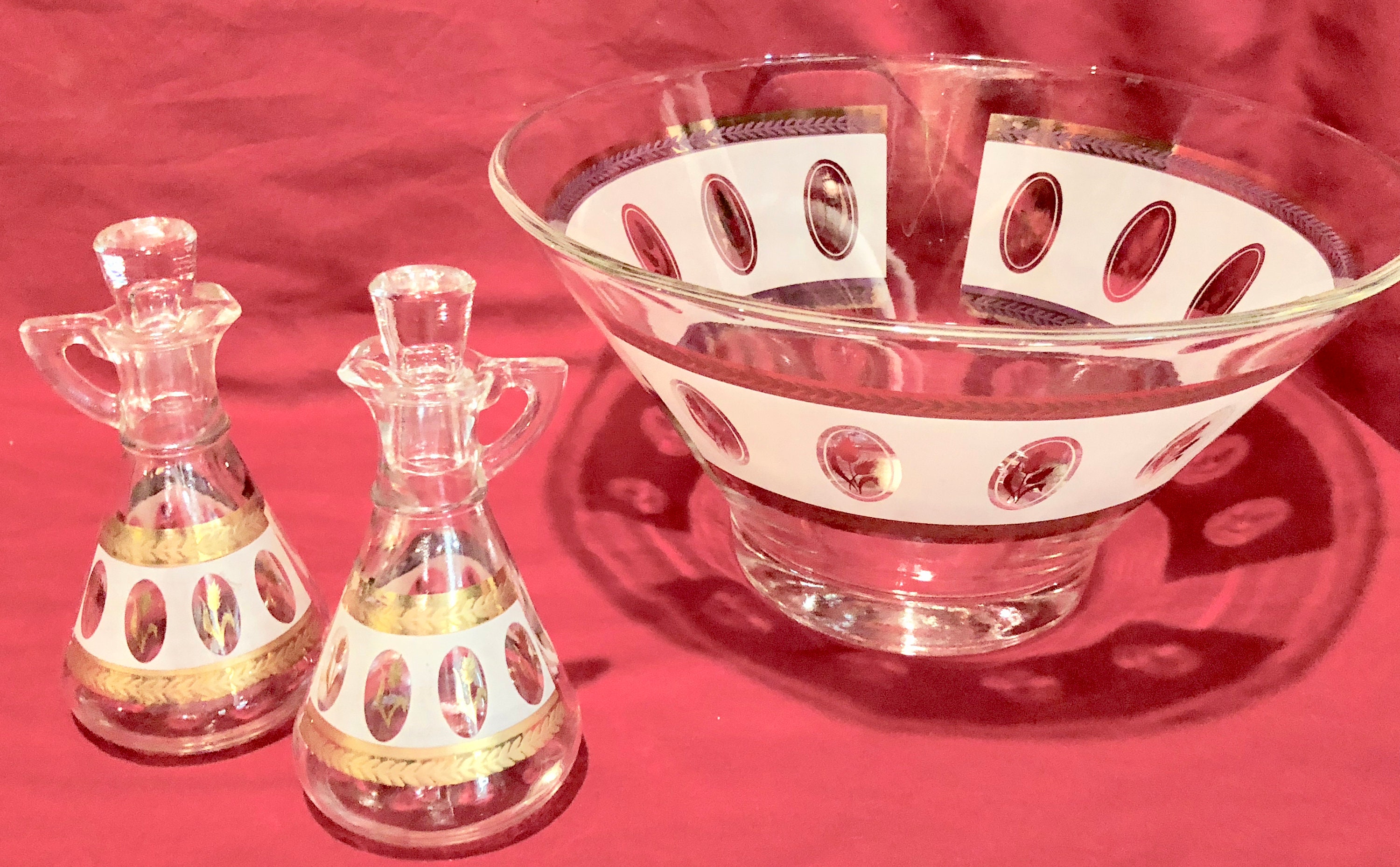Anchor Hocking Glass Salad Serving Bowl and Cruet Set with White Band