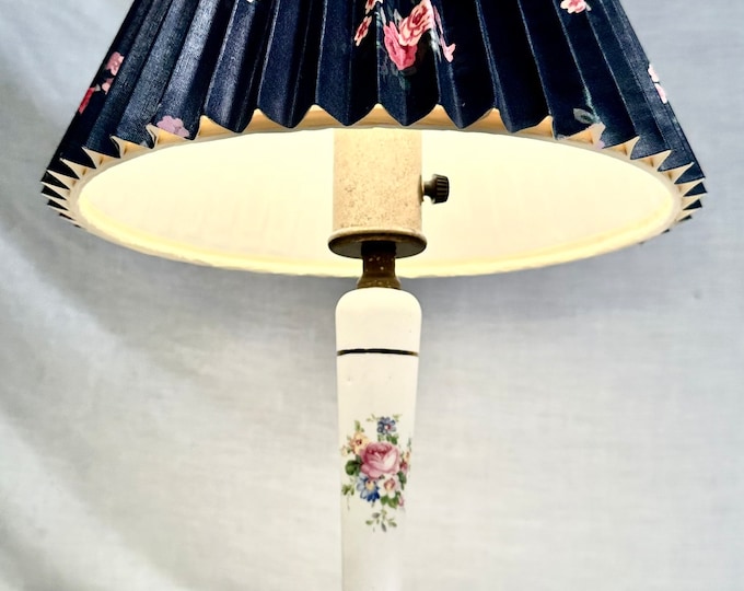 Vintage White Porcelain Accent/Table Stick Lamp with Rose Floral Design,Clip On Paper Lamp Shade