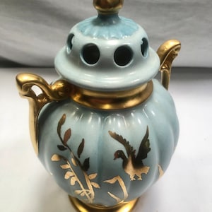 Vintage Teal/Gold Lidded Two Handled Vase/Urn ,Signed by Artist Helen E. Dater