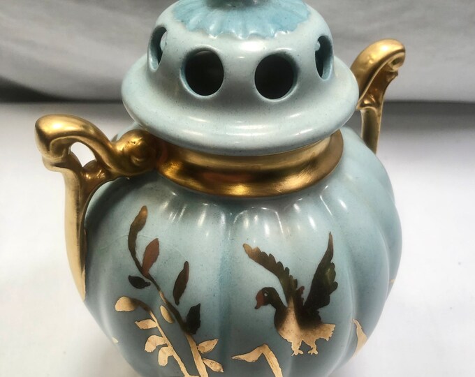 Vintage Teal/Gold Lidded Two Handled Vase/Urn ,Signed by Artist Helen E. Dater