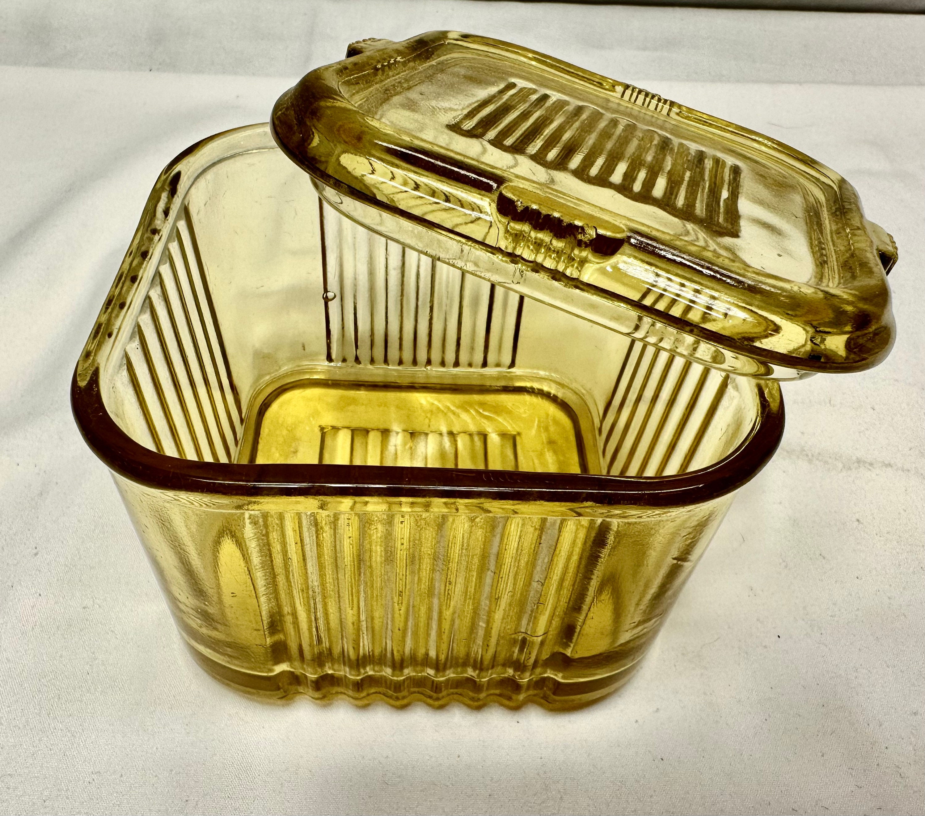 Vintage Square Yellow Ribbed Glass Refrigerator Container with Lid