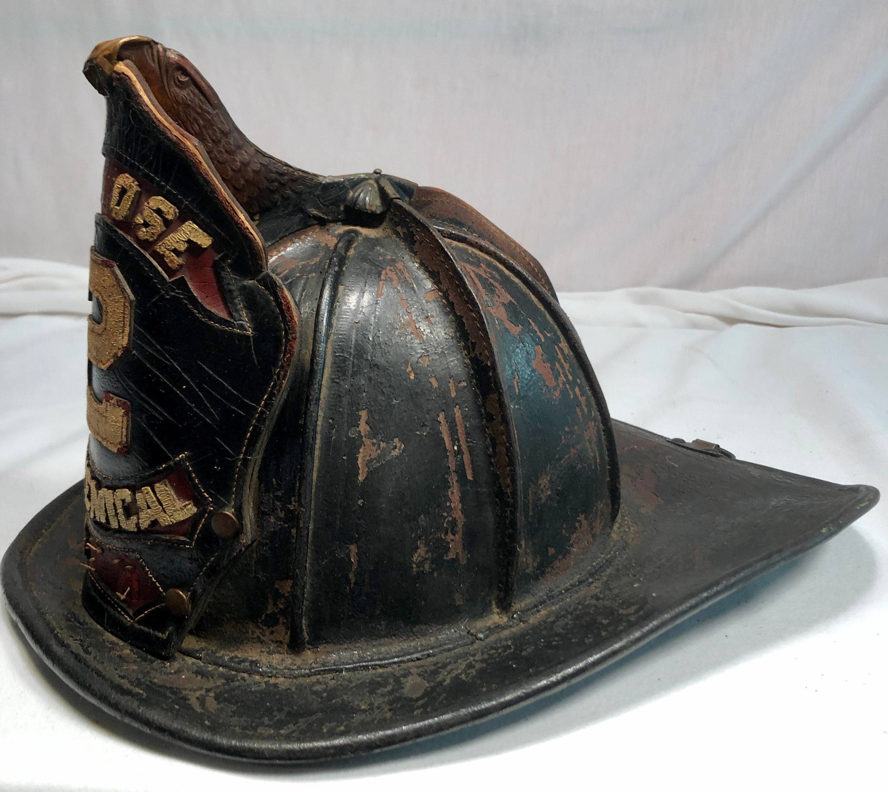Vintage Cairns & Brother Leather Fireman's Helmet with Carved Eagle
