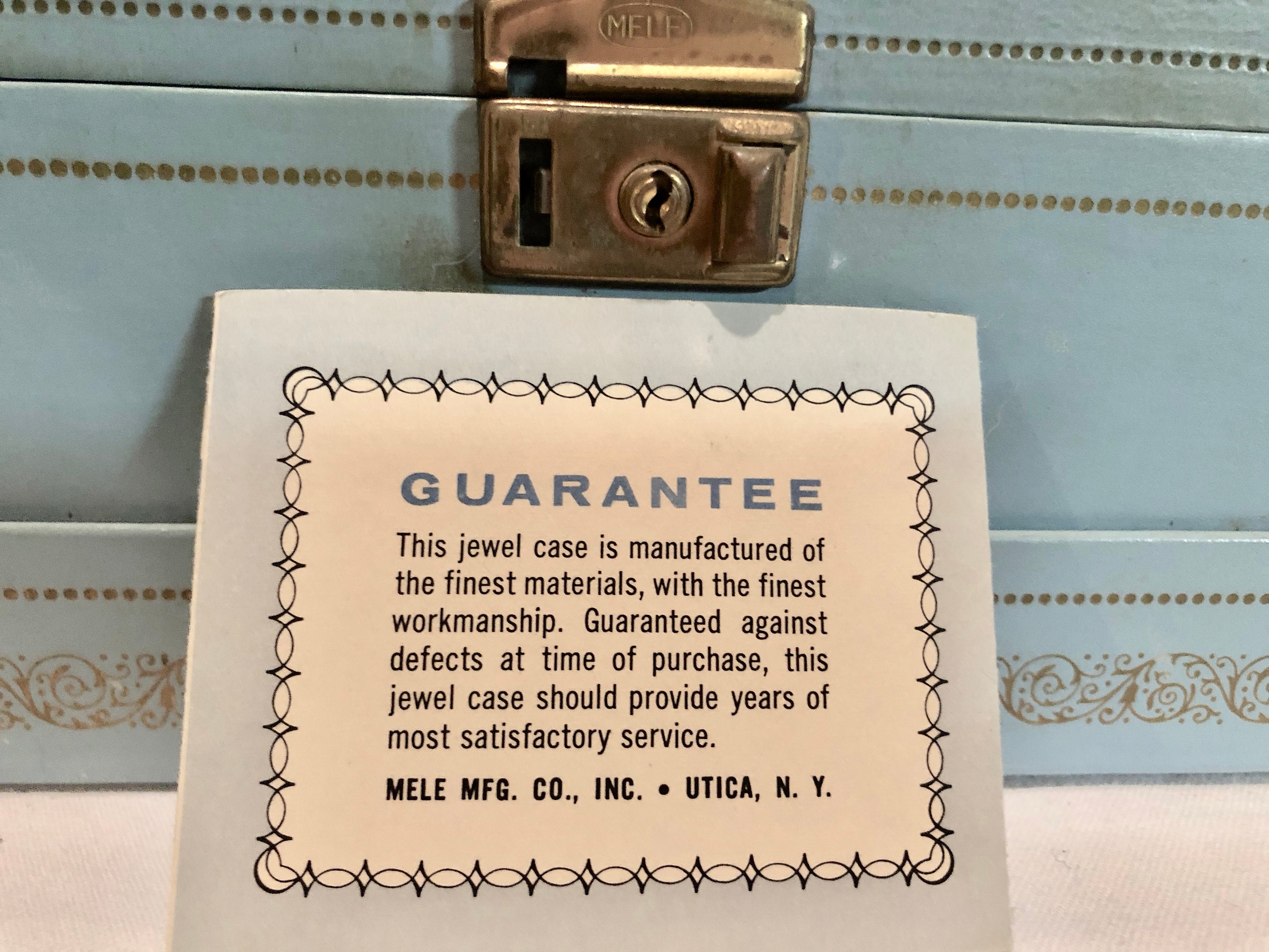 Vintage Mele Jewelry Box, The Magic Touch, Powder Blue Leatherette with