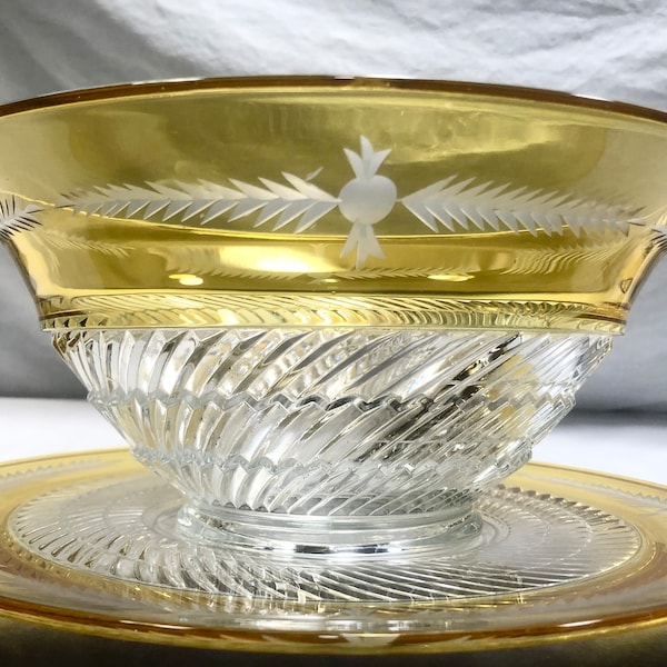 Vintage Tiffin Glass Yellow/Gold Etched Footed Compote Bowl & Underplate