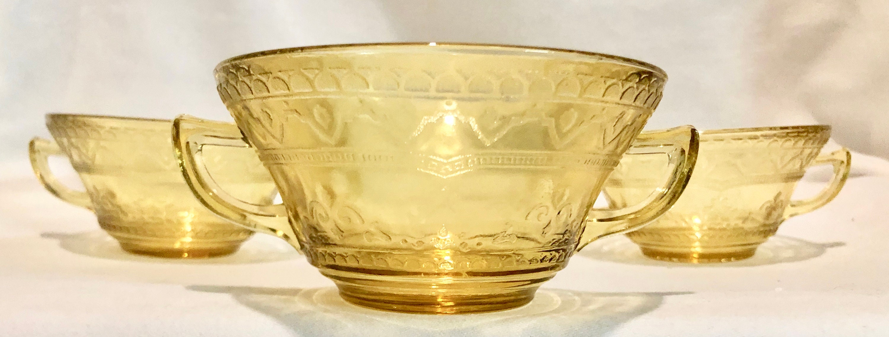 Antique Yellow Depression Glass Two Handled Cream Soup Bowls Set of Three