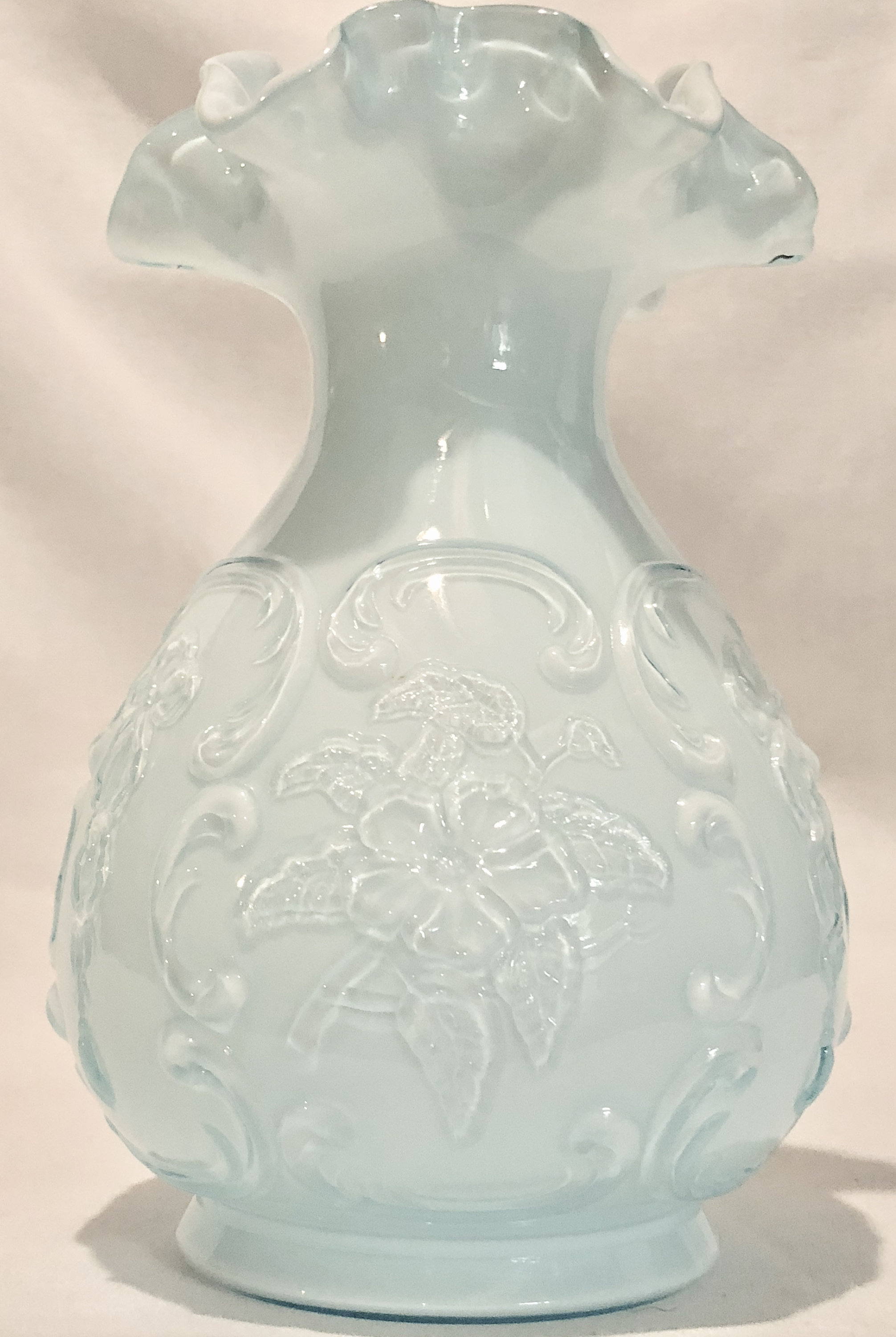 Fenton Powder Blue Vintage Glass Vase with Floral Scroll Design and