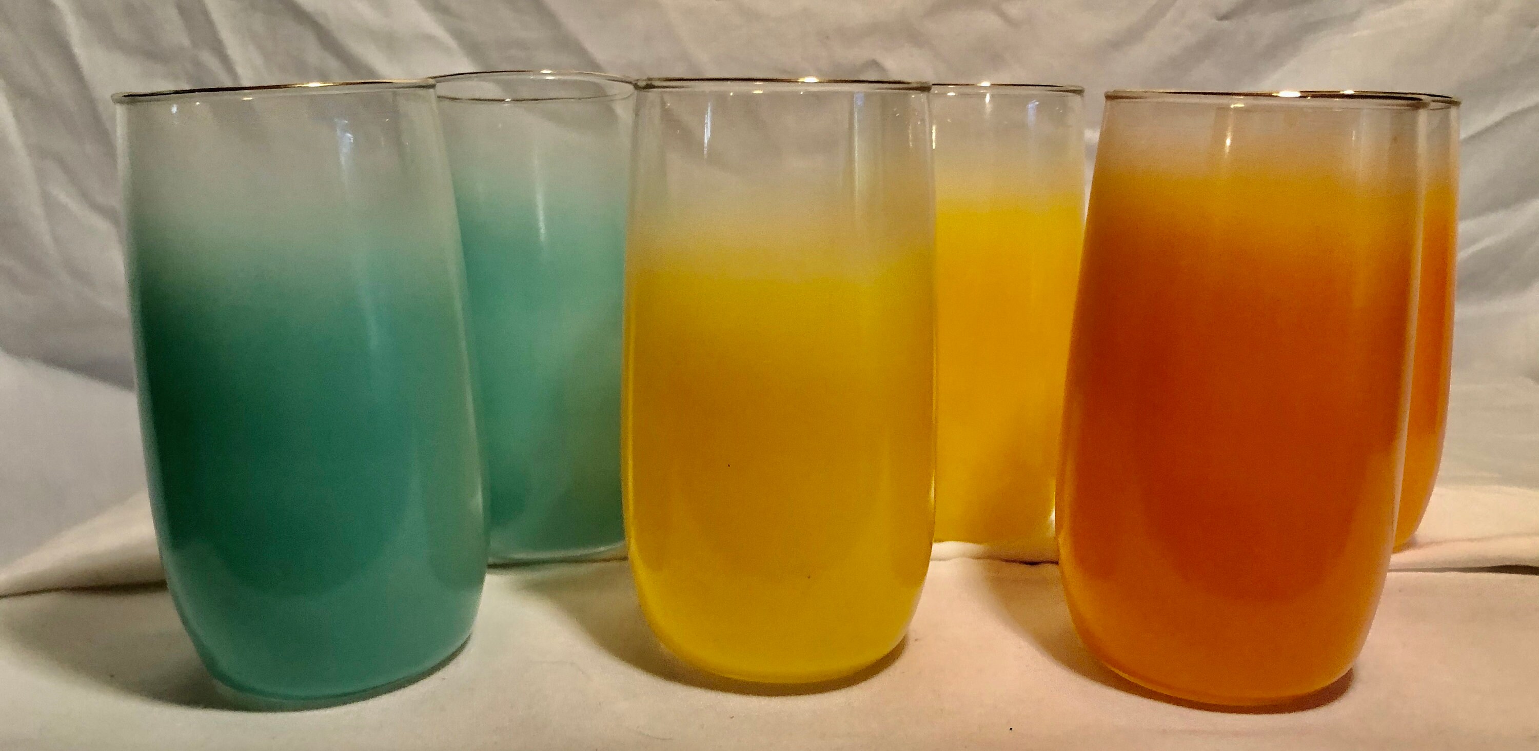 Vintage Drinking/Water/Juice Glasses Set of Six Orange,Teal,Yellow
