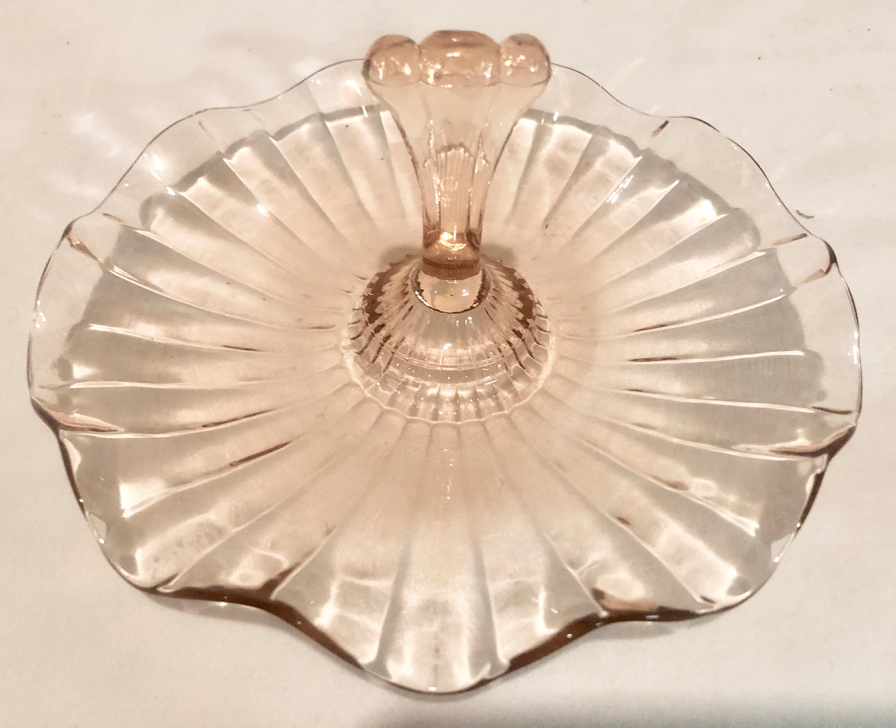 Vintage Blush Pink Depression Glass Handled Mint Tray Serving/Candy/Jewelry Dish with Carry