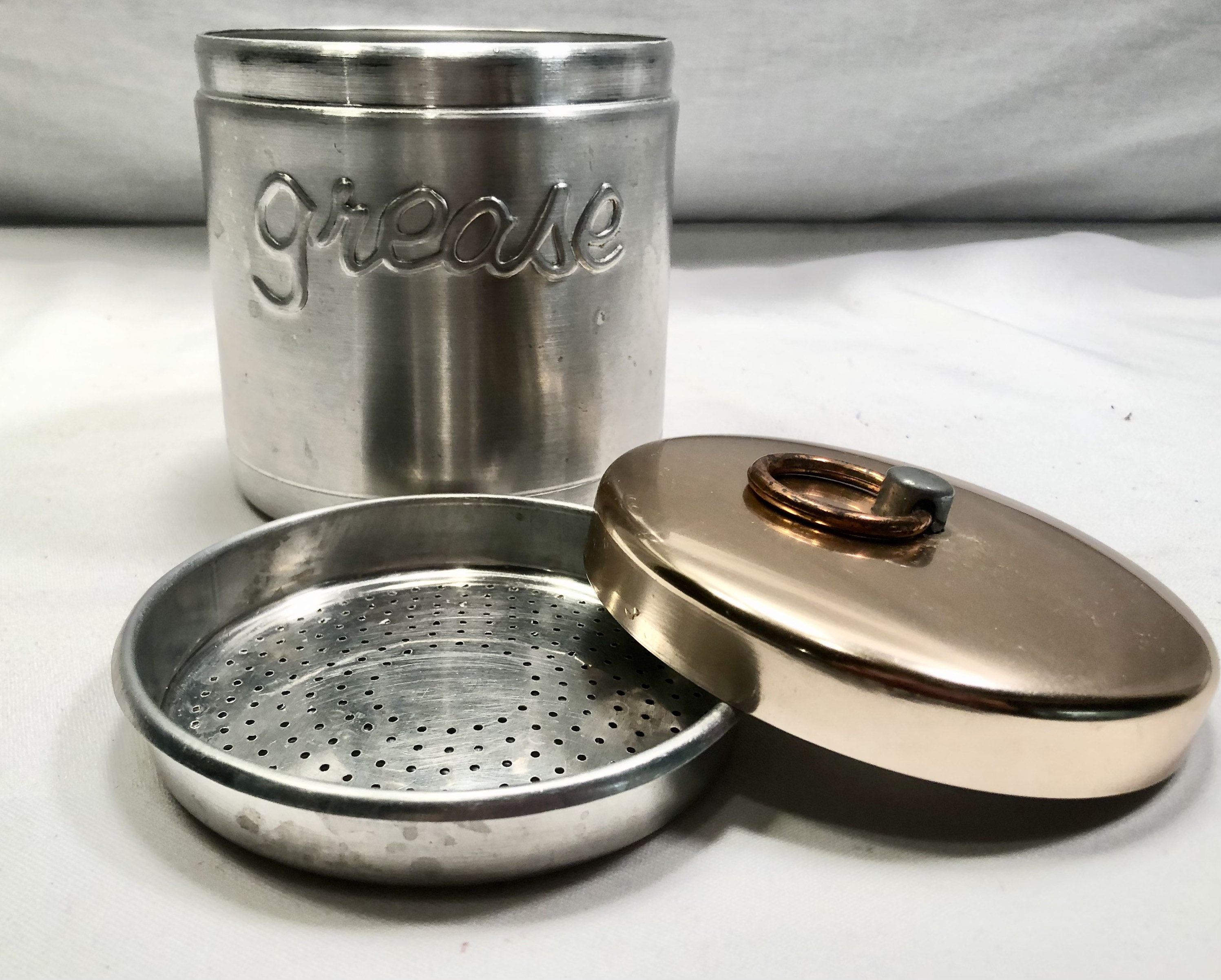 Vintage Aluminum/Copper Grease Storage Container/Canister with Strainer