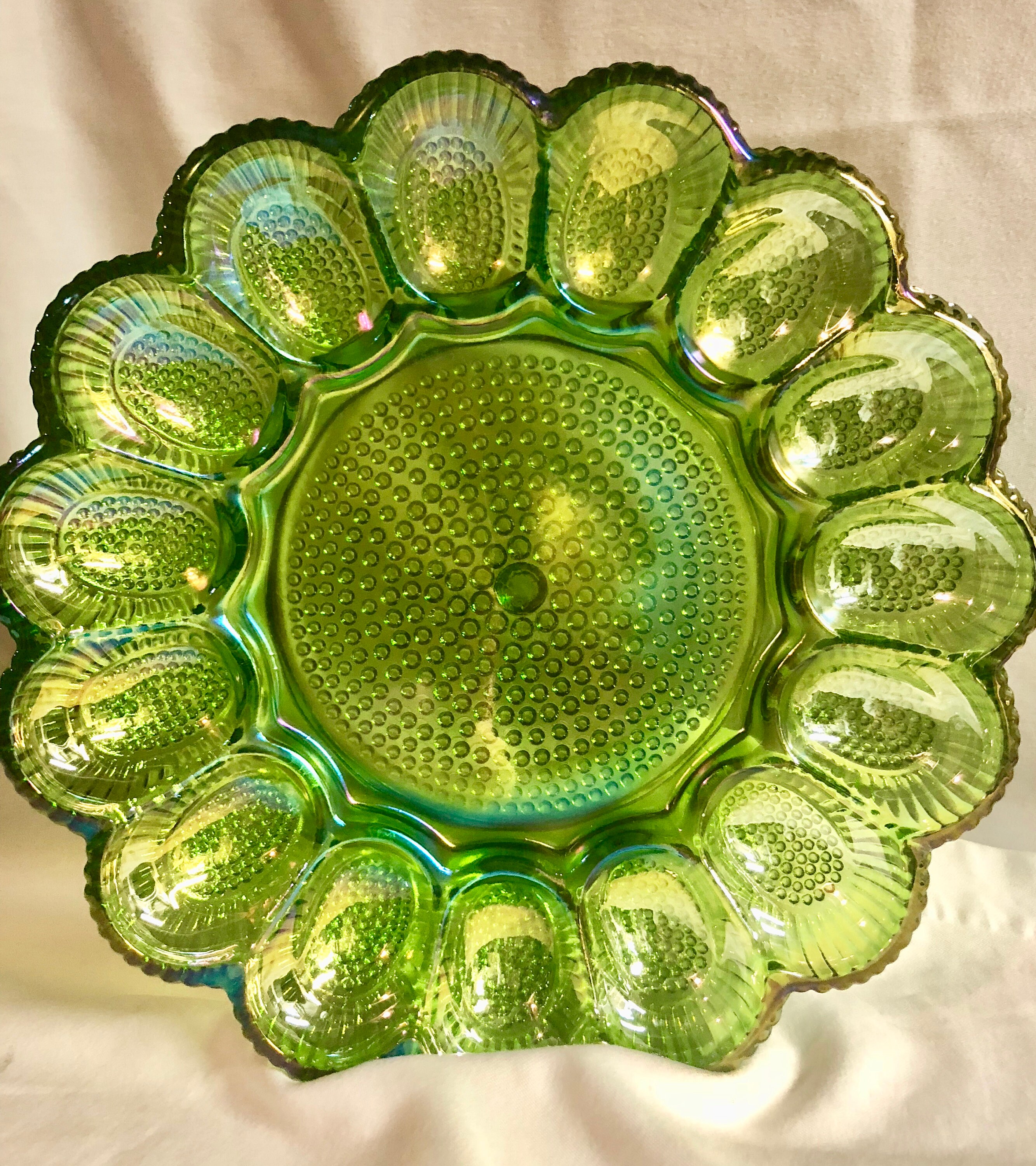 Antique Green Iridescent Hobnail Carnival Glass Deviled Egg/Oyster