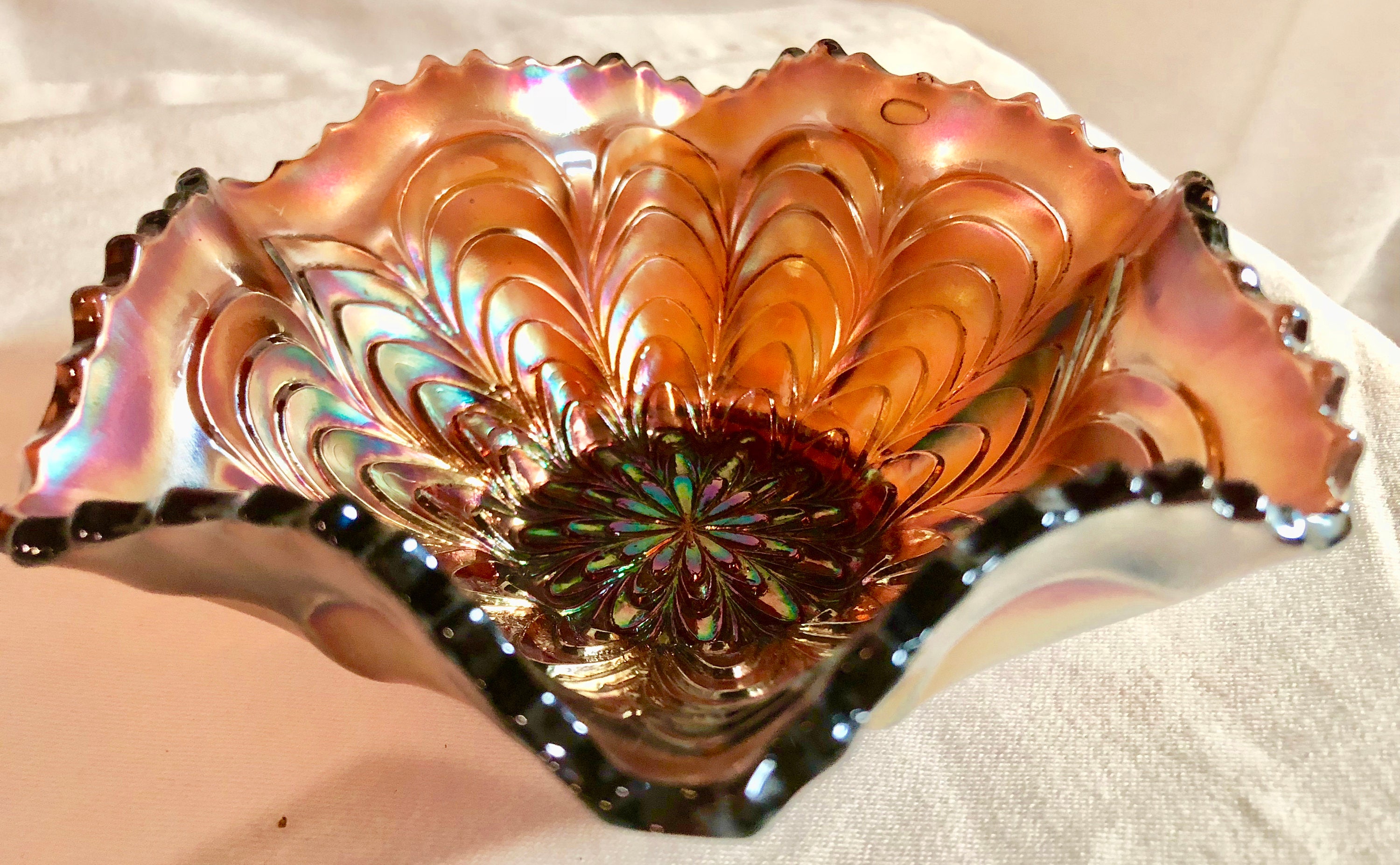 Amber Iridescent Carnival Glass Wave Pattern Candy Dish