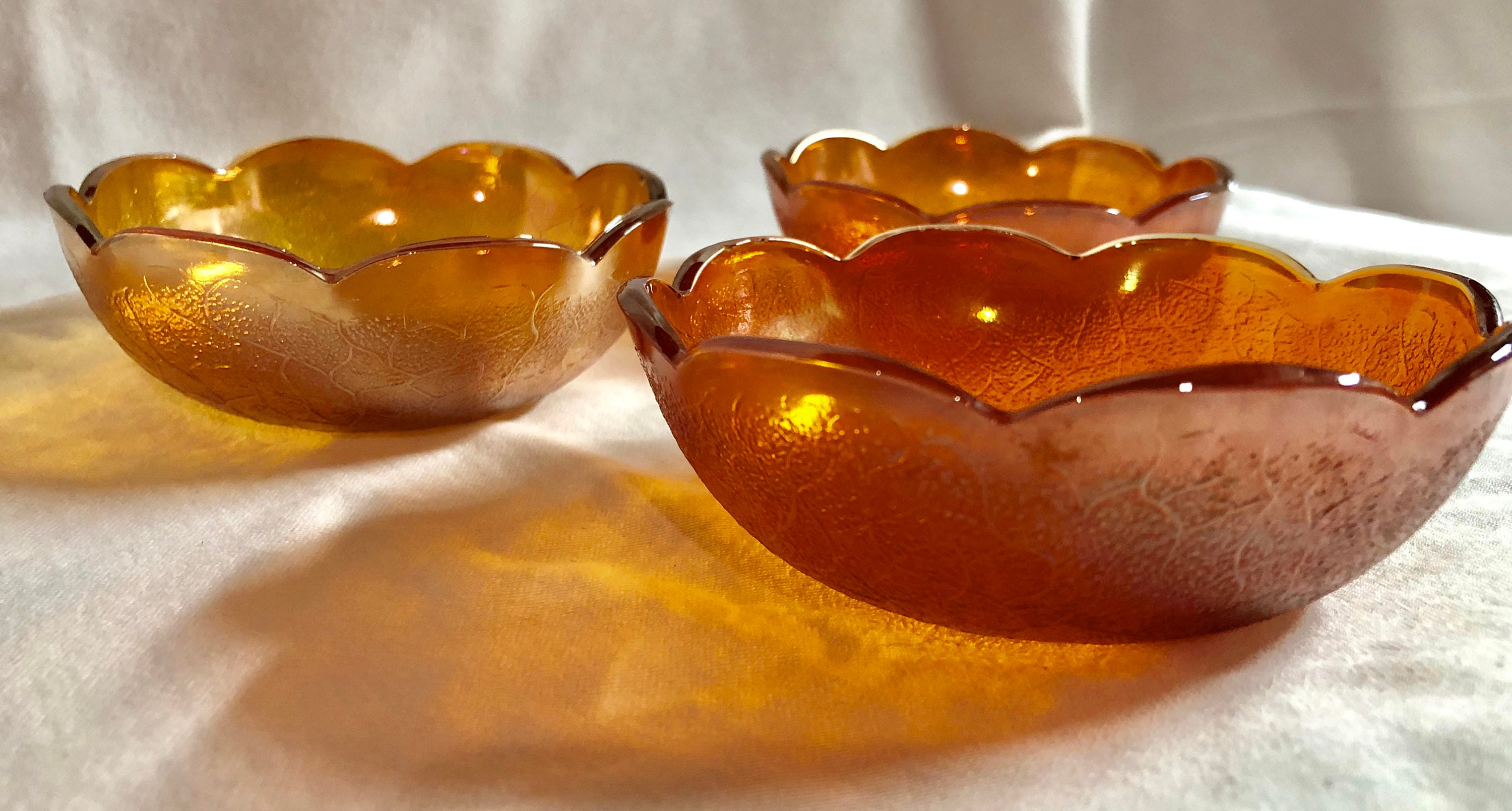 Amber Carnival Glass Bowls Crackle Pattern Set of Three