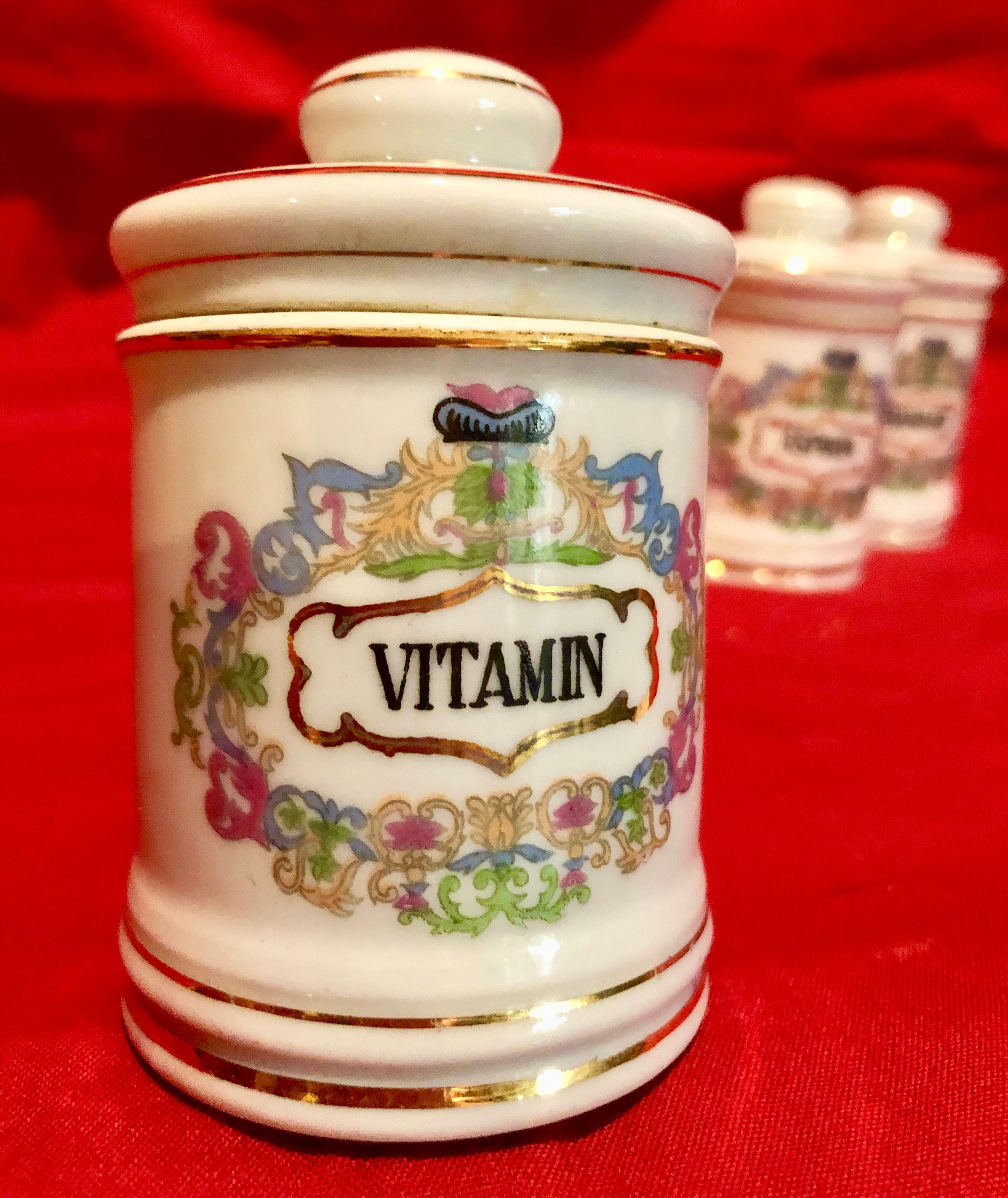 Vintage Porcelain Apothecary Jars with Lids Aspirin/Bandaid/Vitamin. Set of Three.