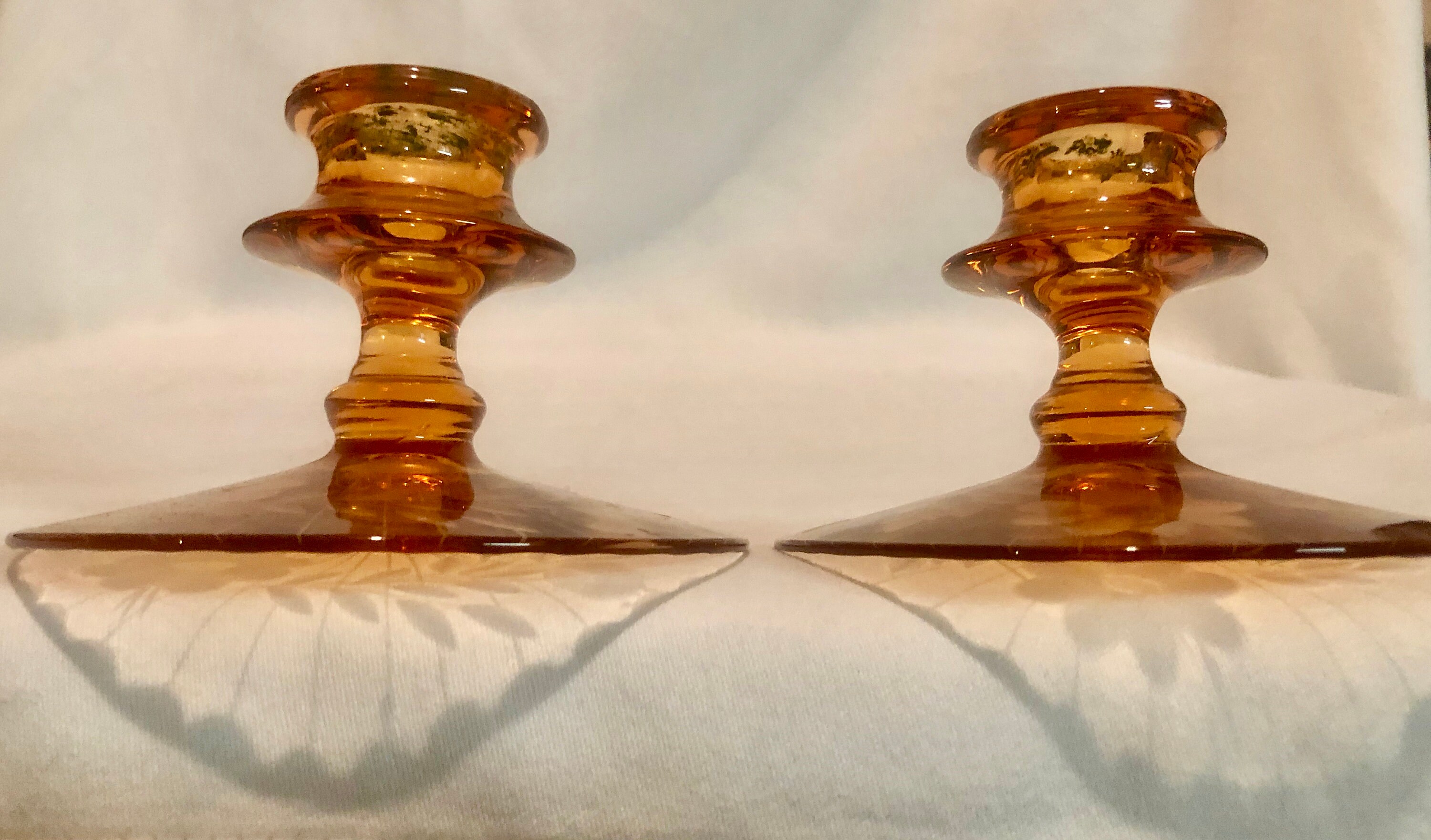 Vintage Amber Etched Depression Glass Candlesticks Pair of Two