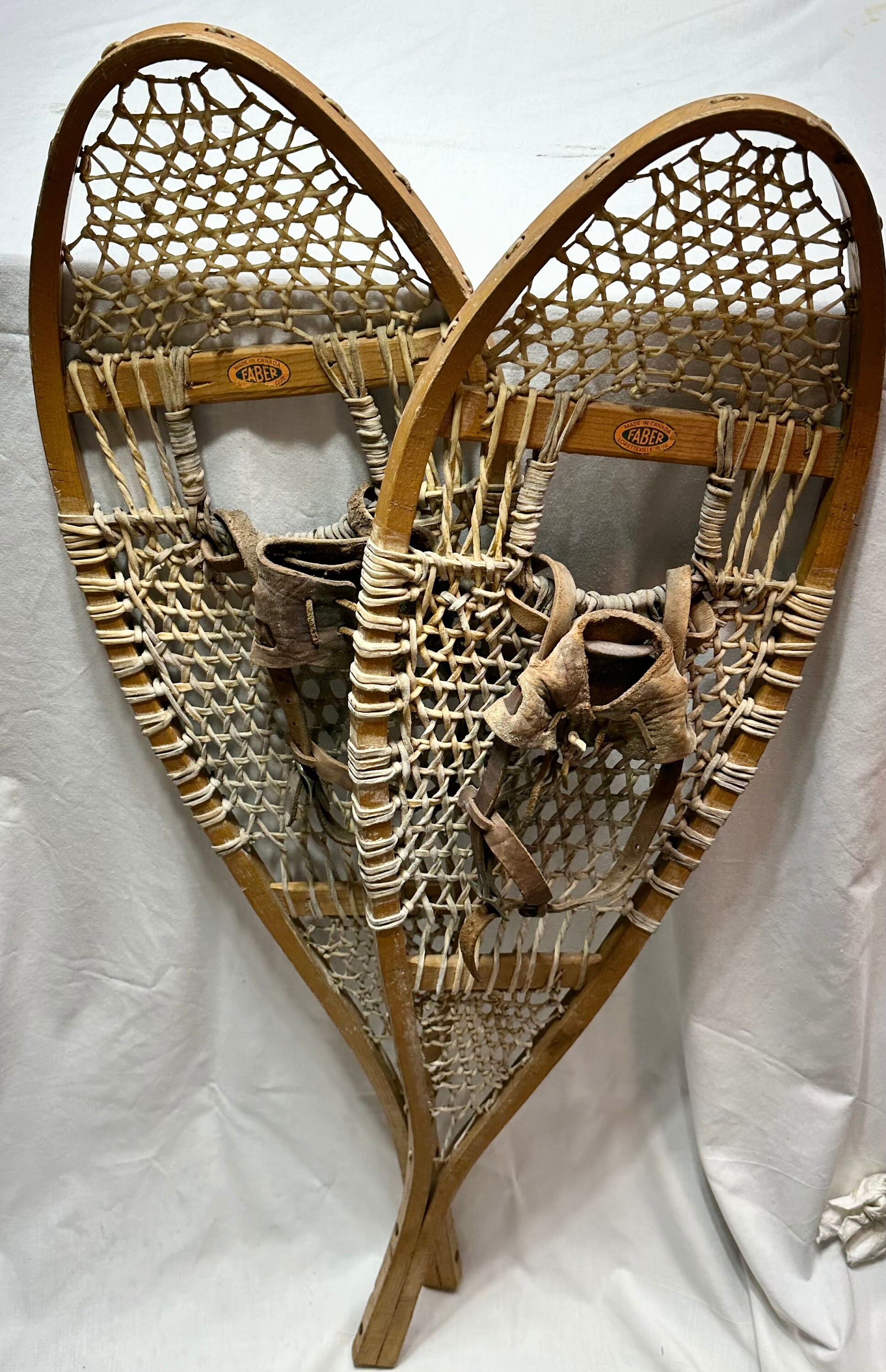 Vintage Wood and Rawhide Snowshoes with Leather Strap Binding,Faber Co