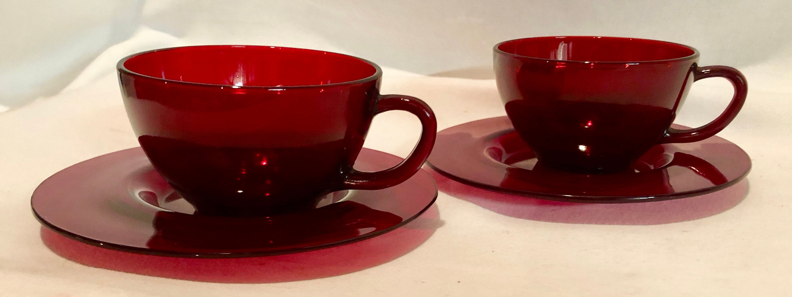 Vintage Ruby Red Depression Glass Tea Cups with Saucers Set of Two