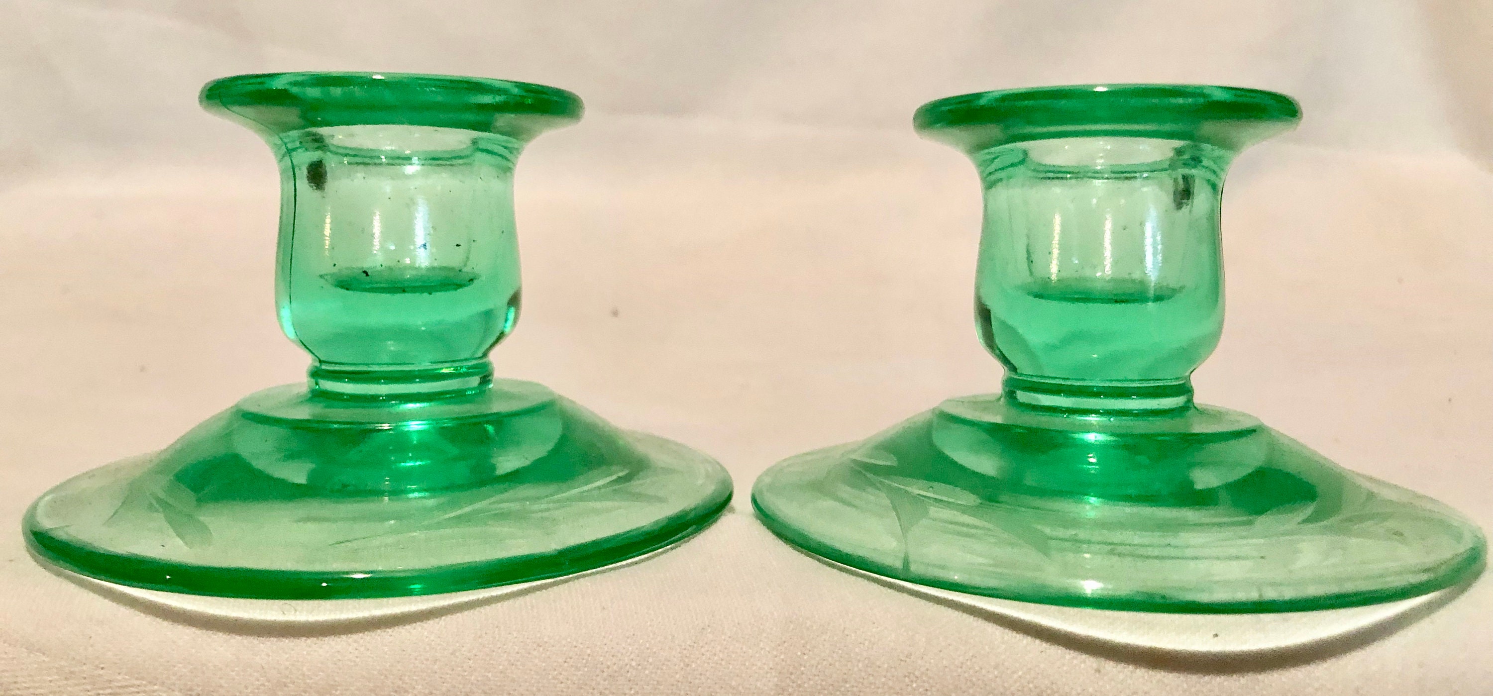 Green Depression Glass Candlestick Holders Set of Two