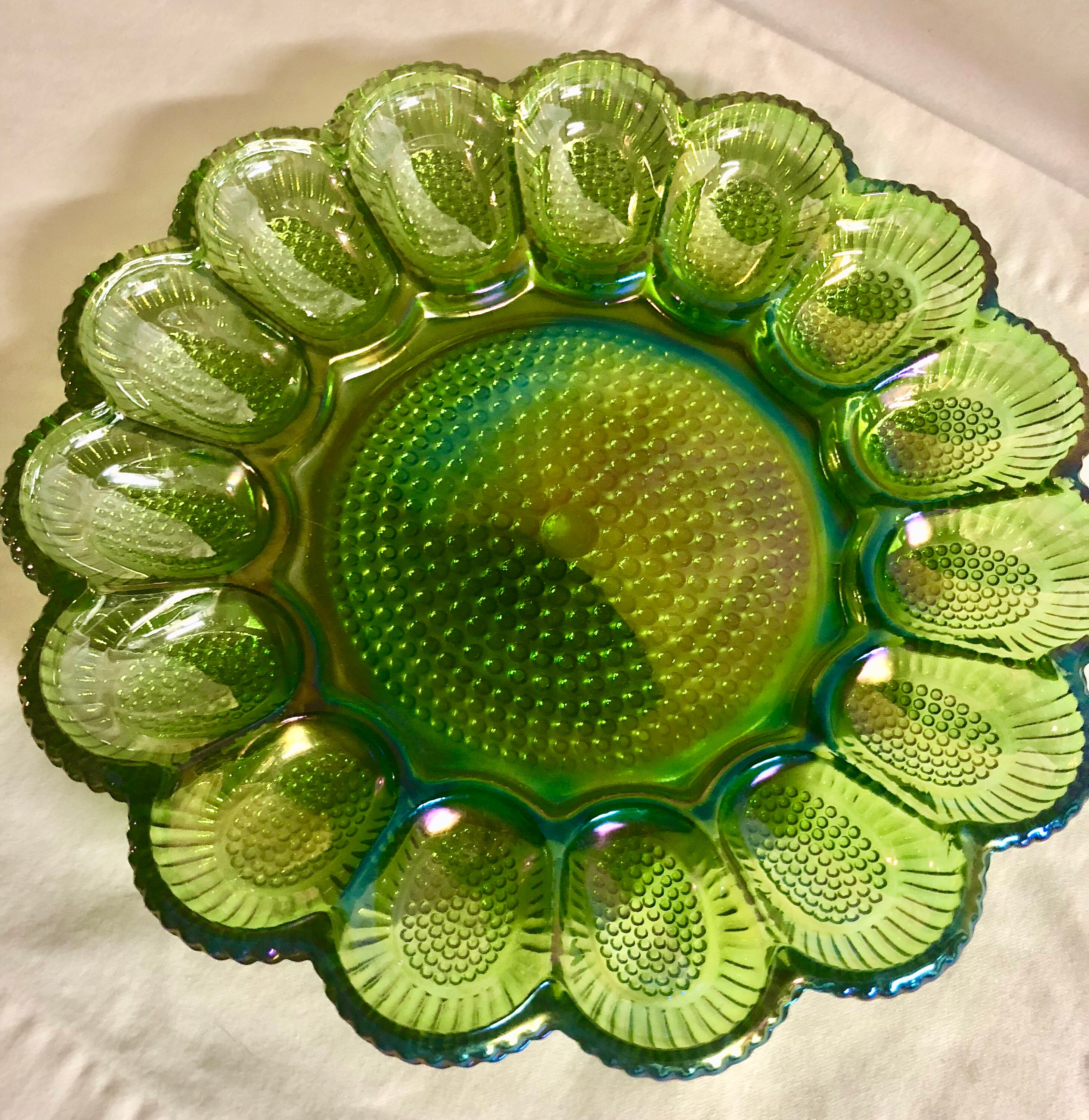 Antique Green Iridescent Hobnail Carnival Glass Deviled Egg/Oyster