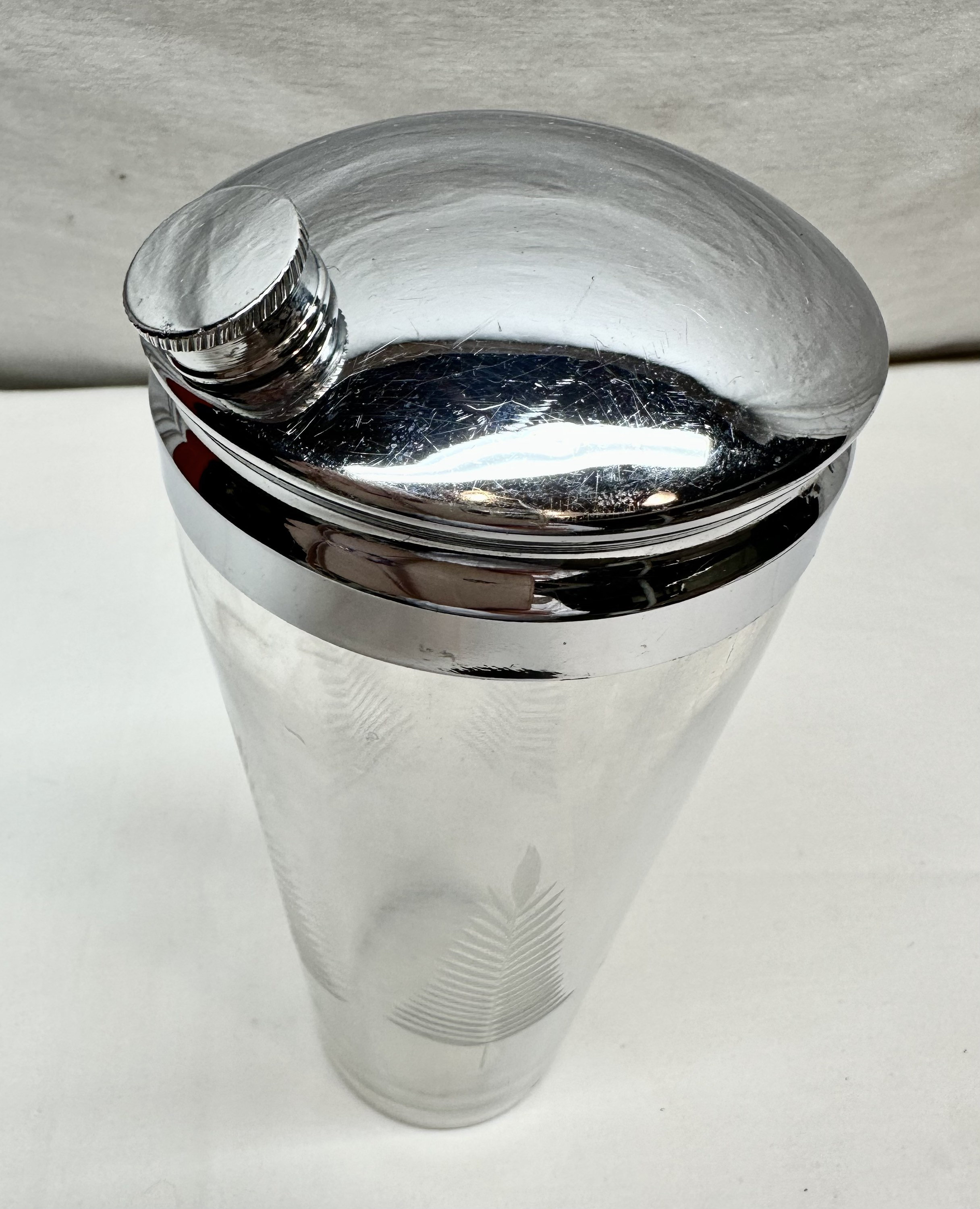 Vintage Clear Etched Glass Cocktail Shaker with Silver Lid
