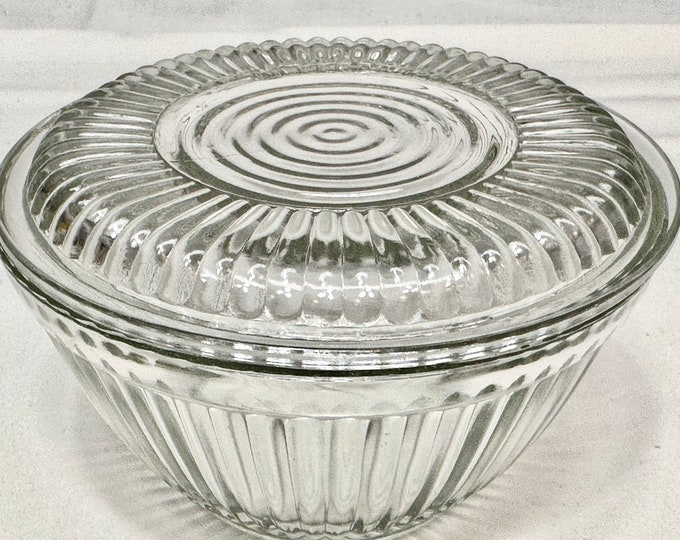 Vintage Round Clear Ribbed Glass Refrigerator Storage Container