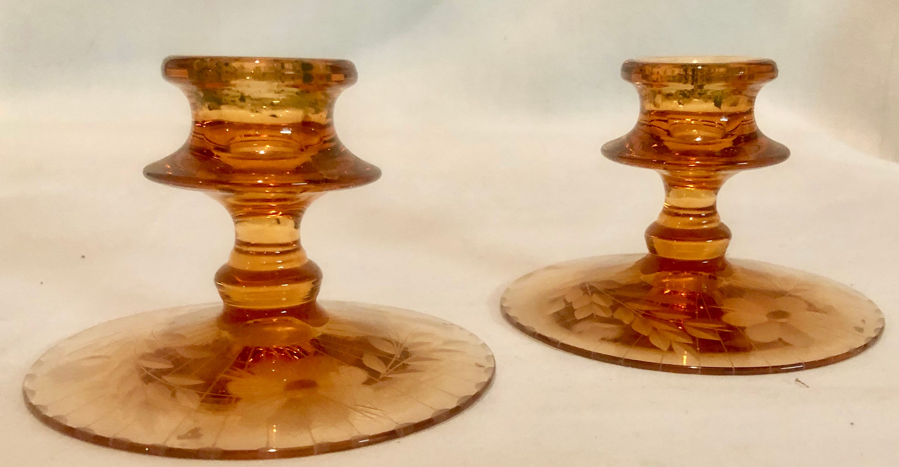 Vintage Amber Etched Depression Glass Candlesticks Pair of Two