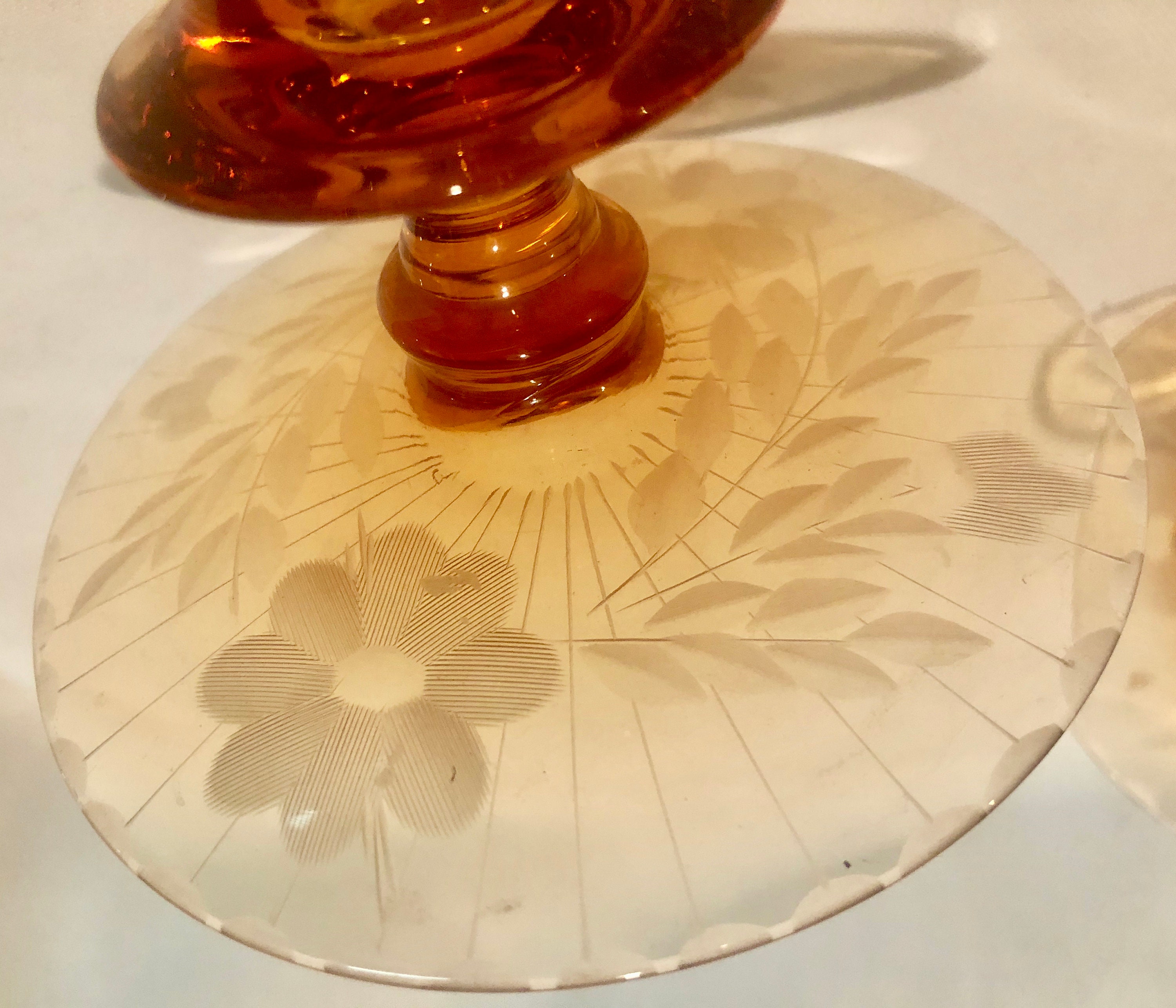 Vintage Amber Etched Depression Glass Candlesticks Pair of Two