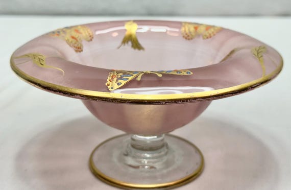 Antique Victorian Pink Glass Candy Dish: Hand-Painted Butterfly & Gold Gilt