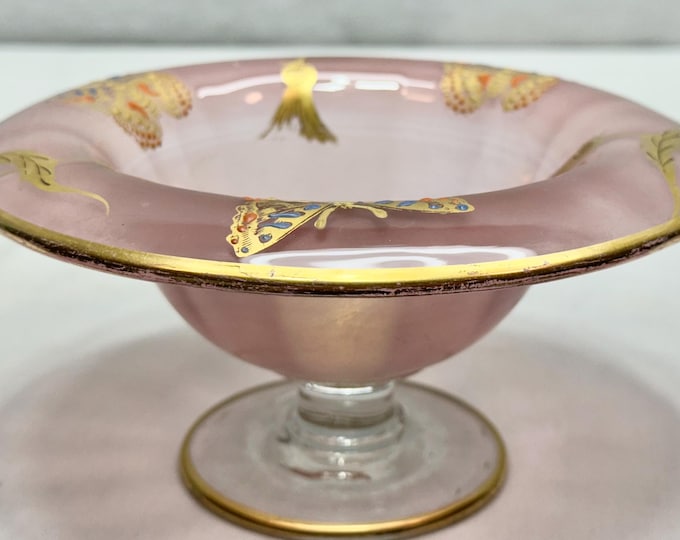 Antique Victorian Pink Glass Pedestal Candy Dish with Hand Painted Butterfly Tassels and Gold Gilt Design