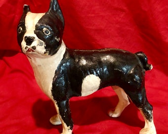 Primitive Vintage Style Cast Iron Boston Terrier Dog Bank 10 Inch Reproduction Door Stop Paperweight 