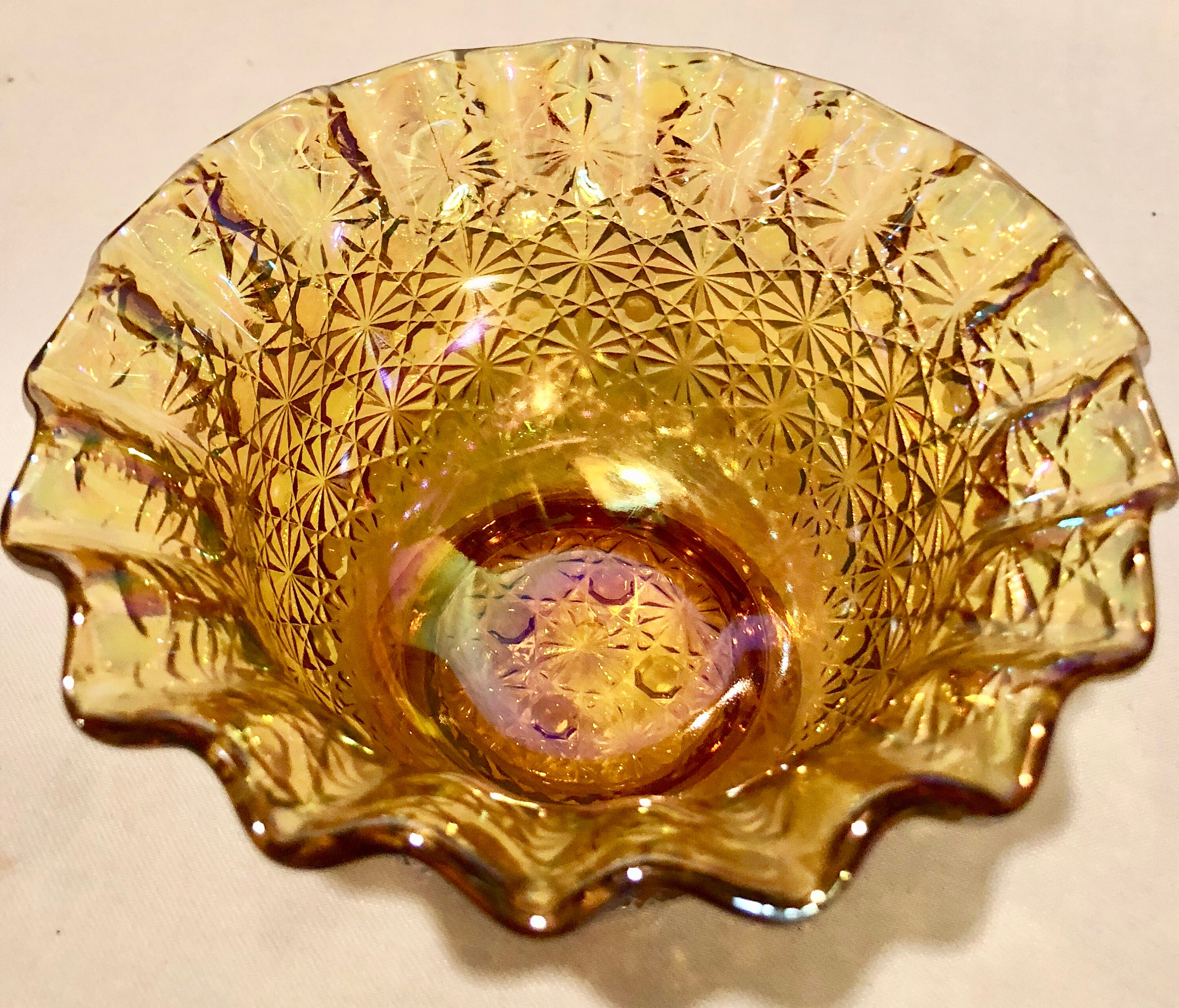 Iridescent Amber/Gold Carnival Glass Starburst Fluted Edge Bowl