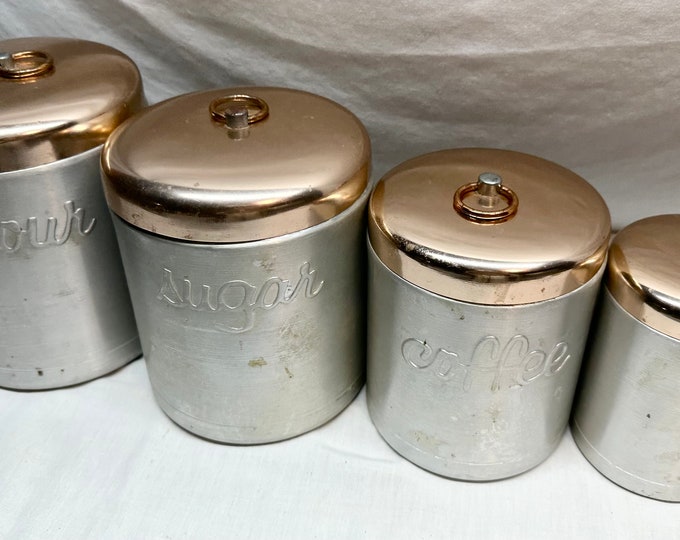 Vintage Mid Century Aluminum  Four Piece Canister Set,Copper Colored Lids,Heller Hostessware,Italy