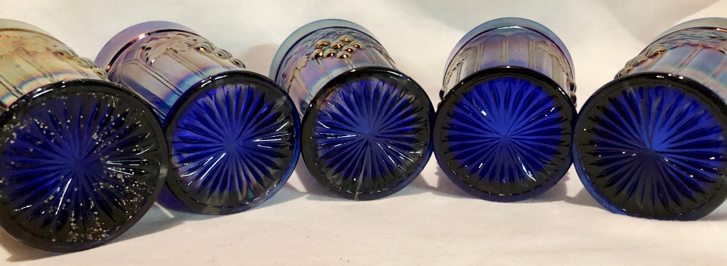 Antique Northwood Cobalt Blue Iridescent Carnival Glass TumblersGrapes