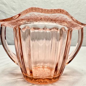 Vintage Blush Pink Depression Glass Two Handled Sugar Bowl in Adam Pattern, Jeanette Glass Co , 1932-1934