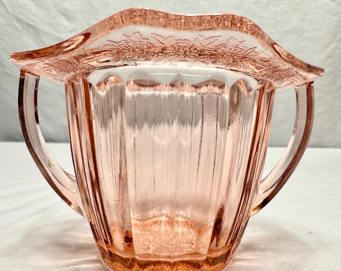 Vintage Blush Pink Depression Glass Two Handled Sugar Bowl in Adam Pattern, Jeanette Glass Co , 1932-1934