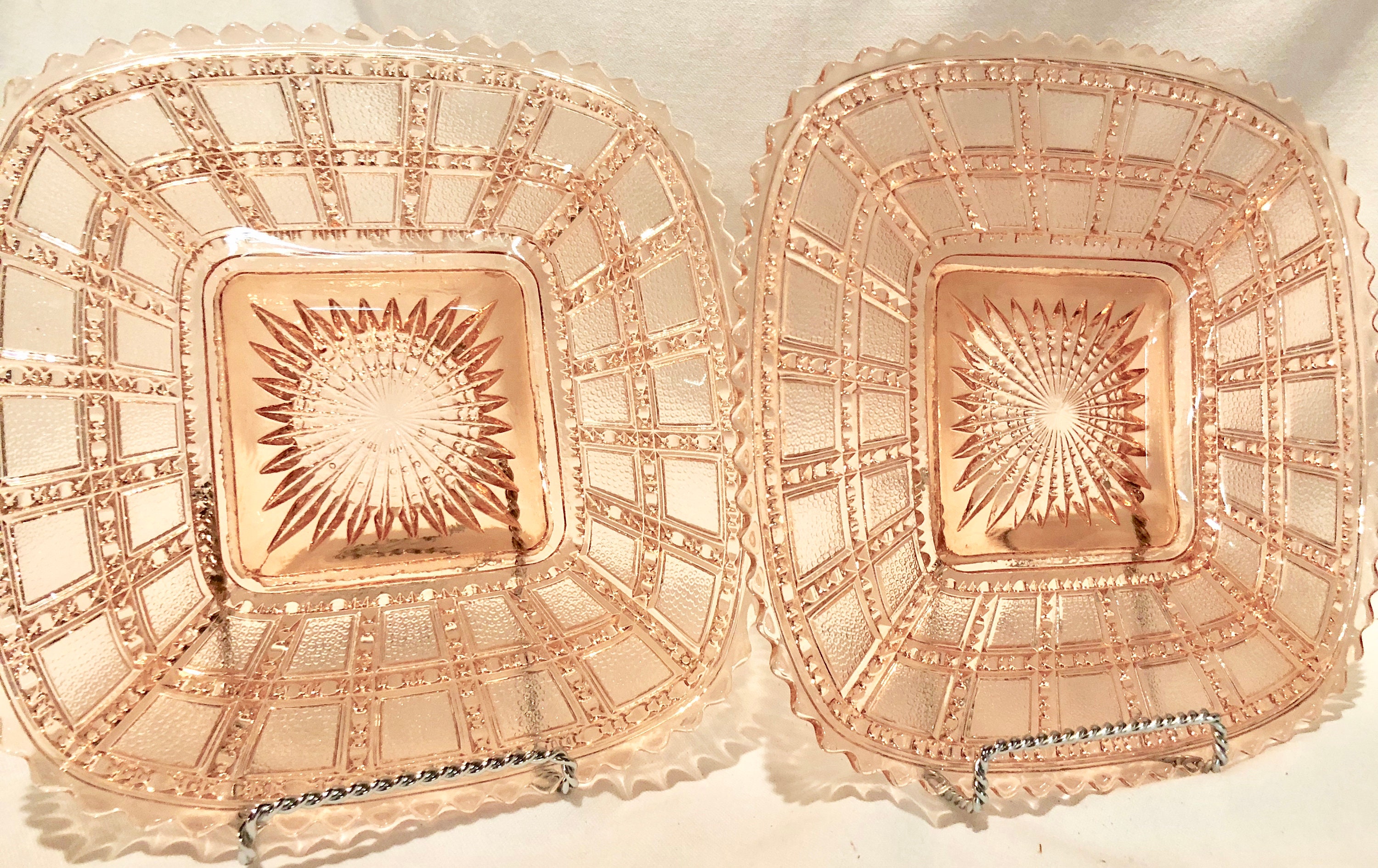 Antique Blush Pink Depression Glass Square Salad/Dessert Plates Set of Two