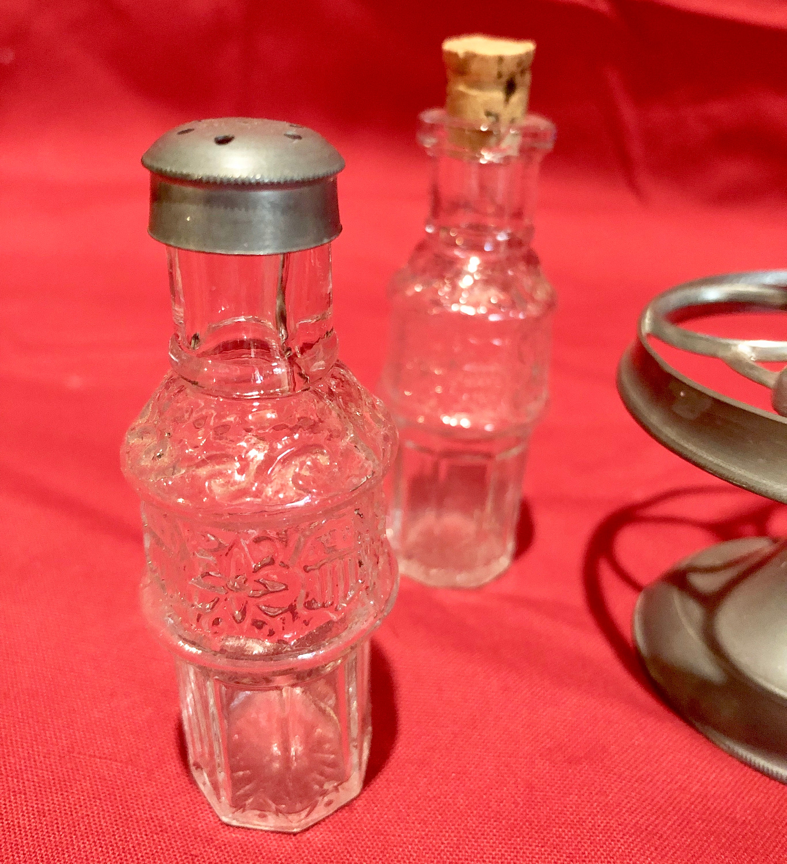 Antique Miniature Glass & Pewter, Child's Cruet Castor Set c1890 toy