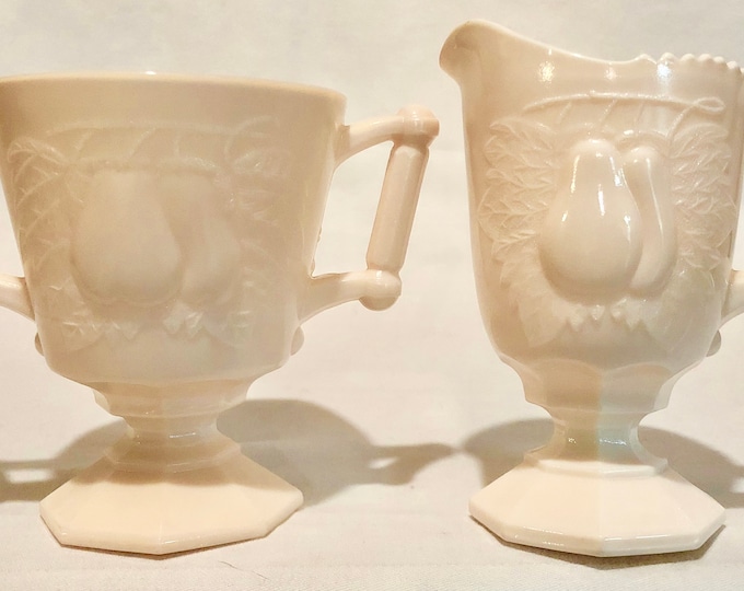 Pink Milk Glass Footed Cream and Sugar Set with Raised Pear Fruit Pattern