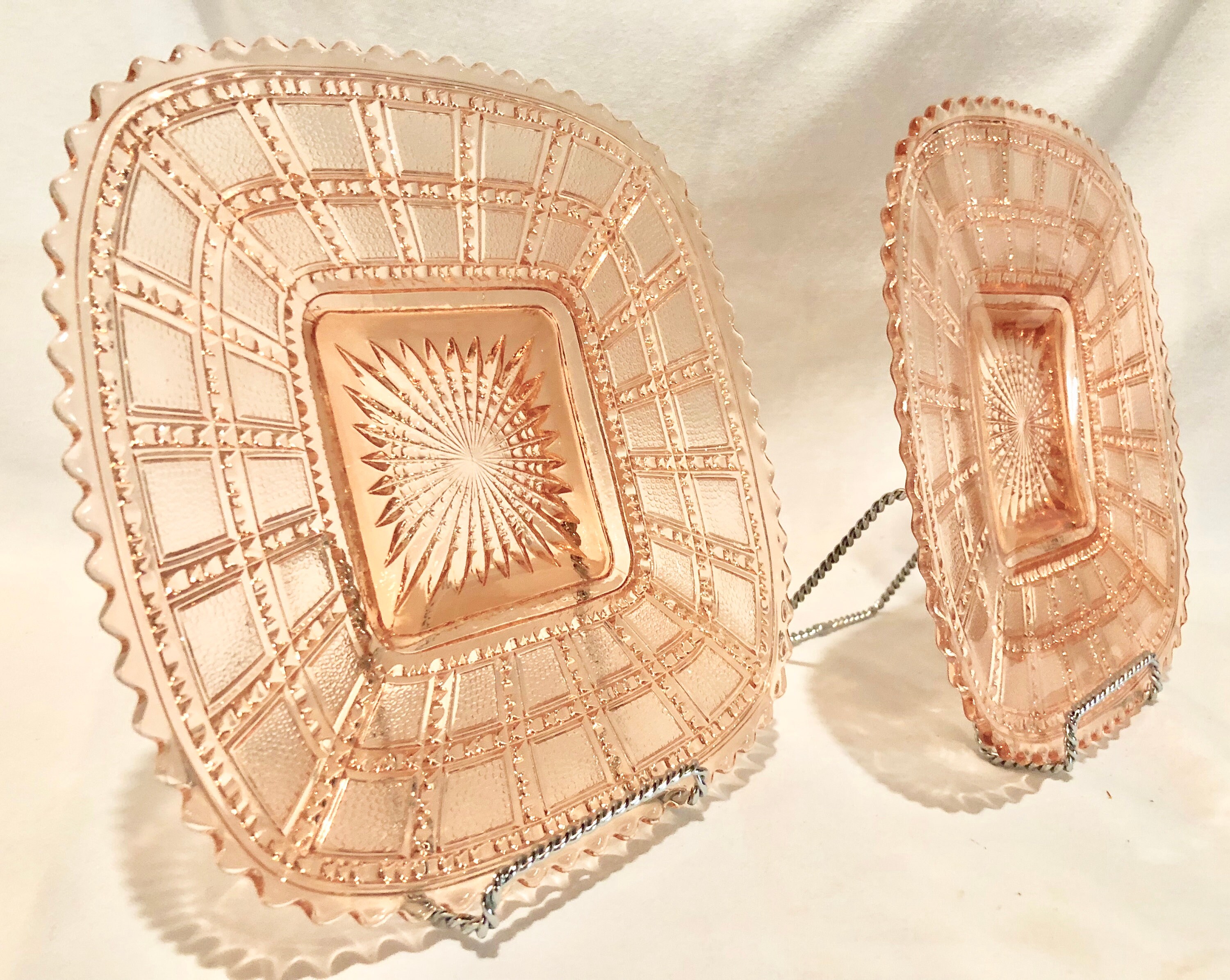 Antique Blush Pink Depression Glass Square Salad/Dessert Plates Set of Two