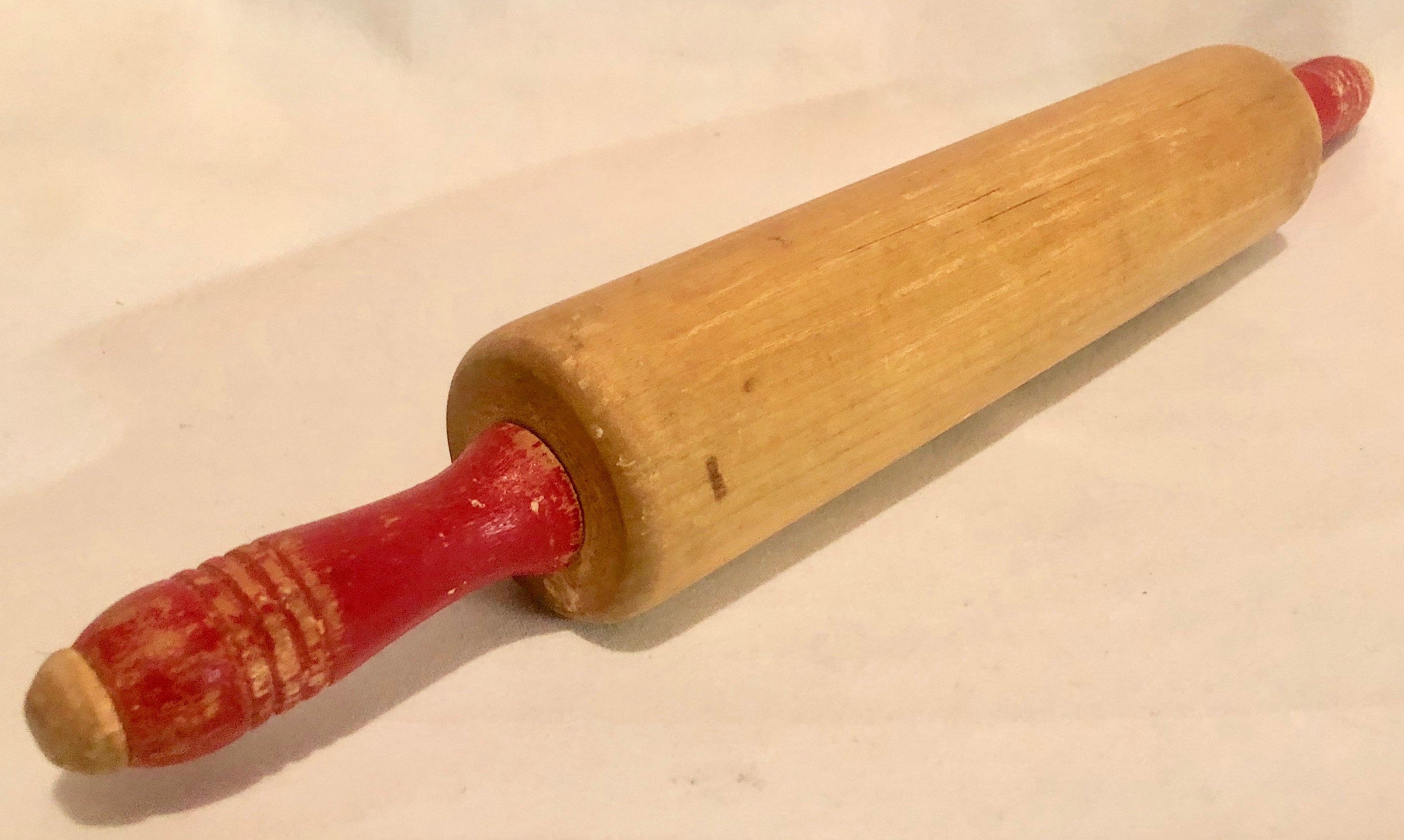 Vintage Wooden Rolling Pin with Painted Red Handles