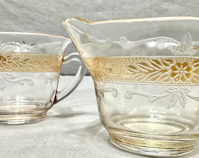 Vintage Clear Depression Glass Sugar and Creamer with Amber Band