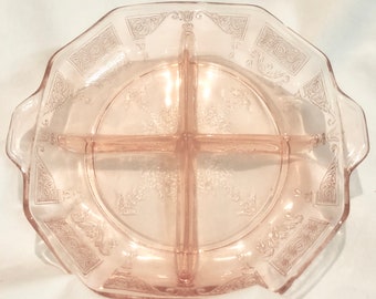 Vintage Blush Pink Depression Glass Divided Serving Dish