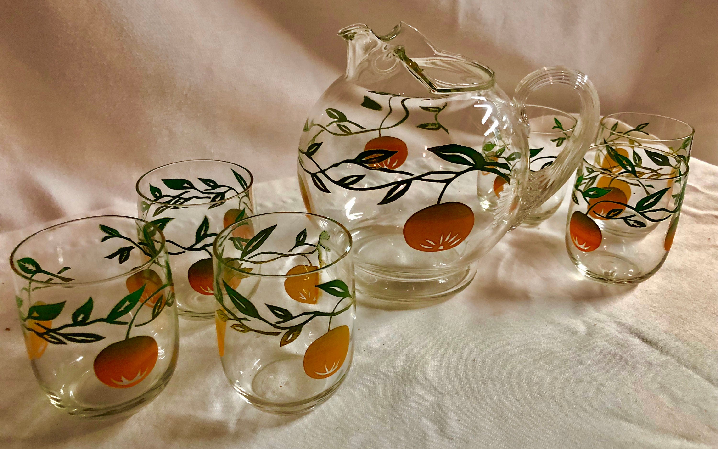 Vintage Midcentury Glass Orange Juice Pitcher and Set of Six Juice Glasses