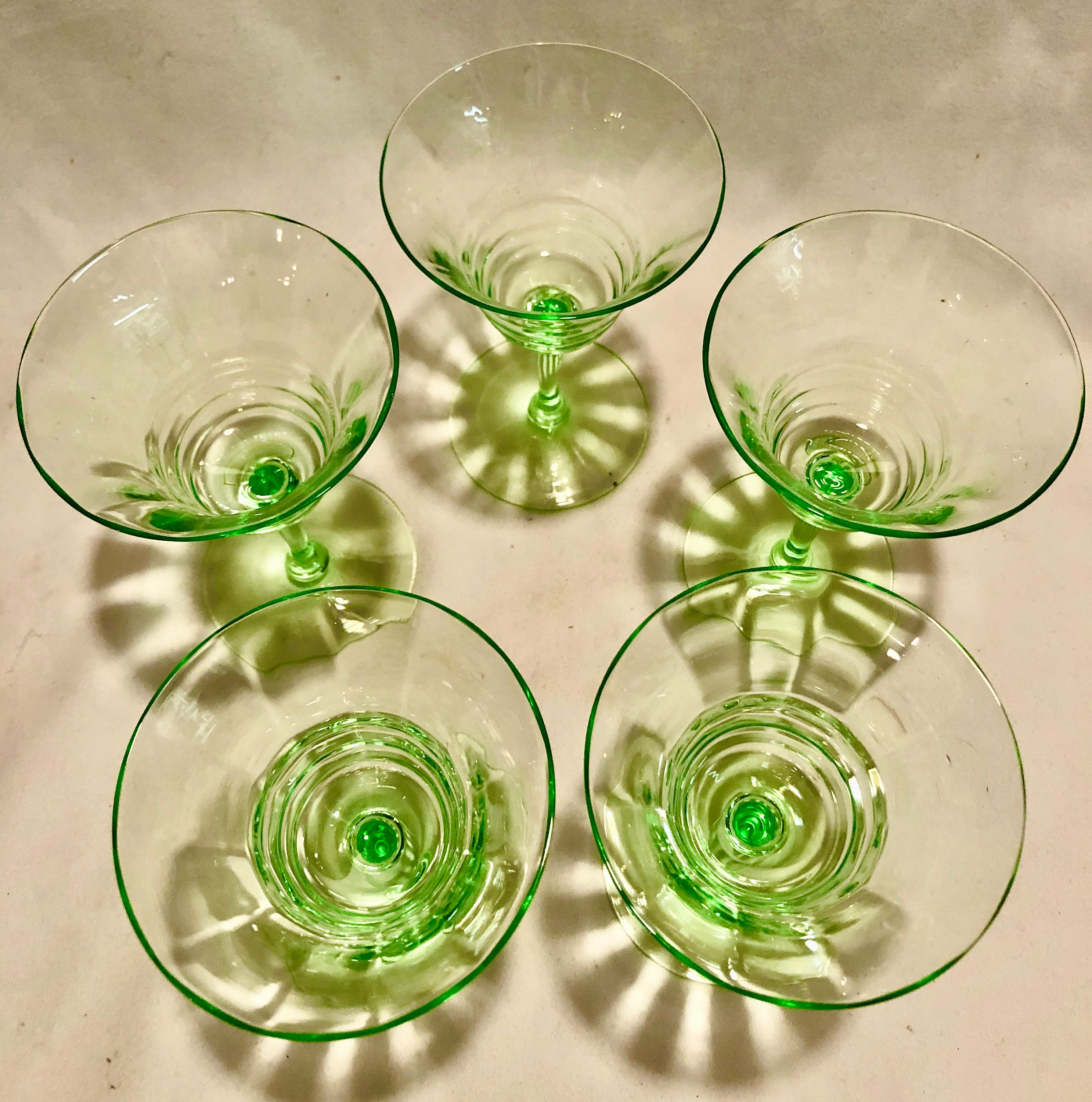 Vintage Green Vaseline/Uranium Depression Glass Wine/Cocktail Glasses