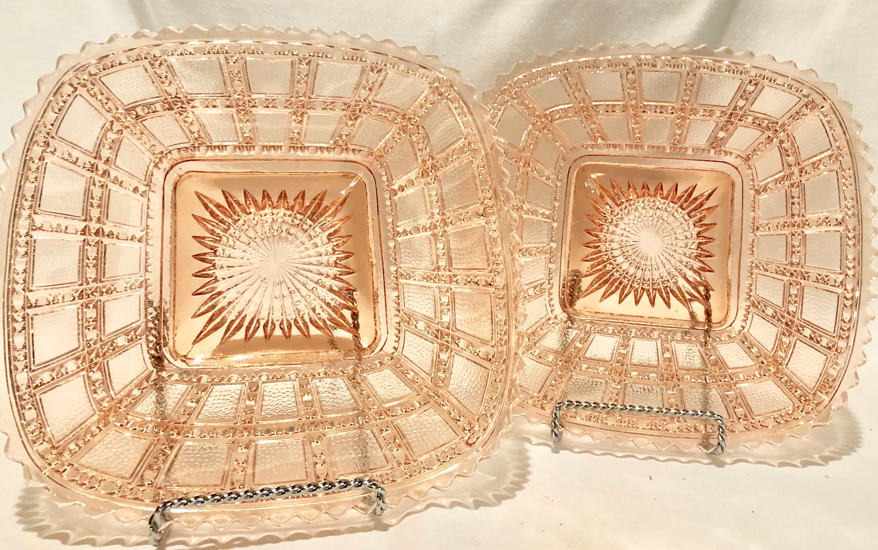 Antique Blush Pink Depression Glass Square Salad/Dessert Plates Set of Two